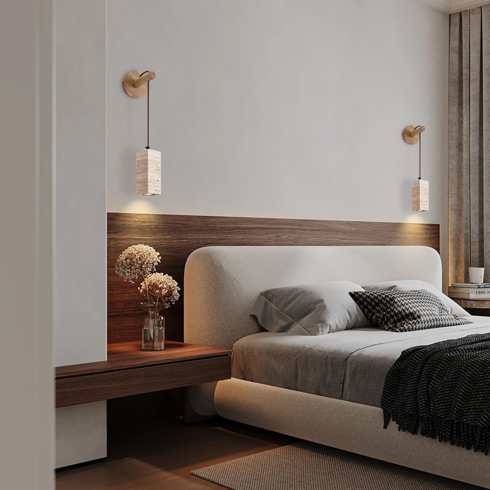 Apliques de Pared Modernos Interior Lámpara de Pared de Piedra Natural con Base de Madera Japonés Travertino Amarillo Altura Ajustable para Dormitorio Mesita de Noche O Pasillo (Color Madera)