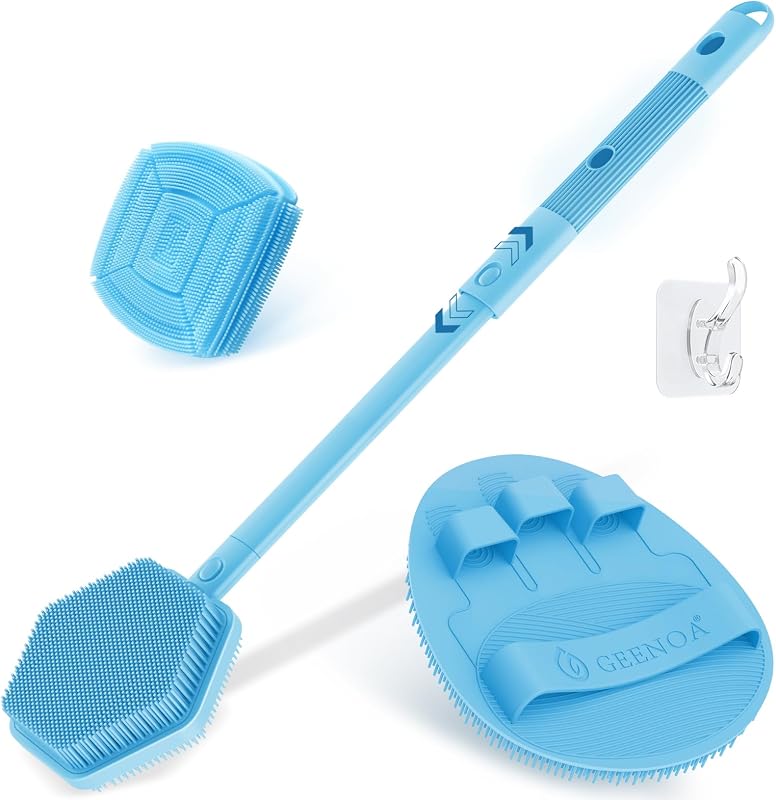 GEENOA Conjunto com 3 escovas de silicone para costas, rosto e banho, com cabo ajustável e luva de banho (Azul)