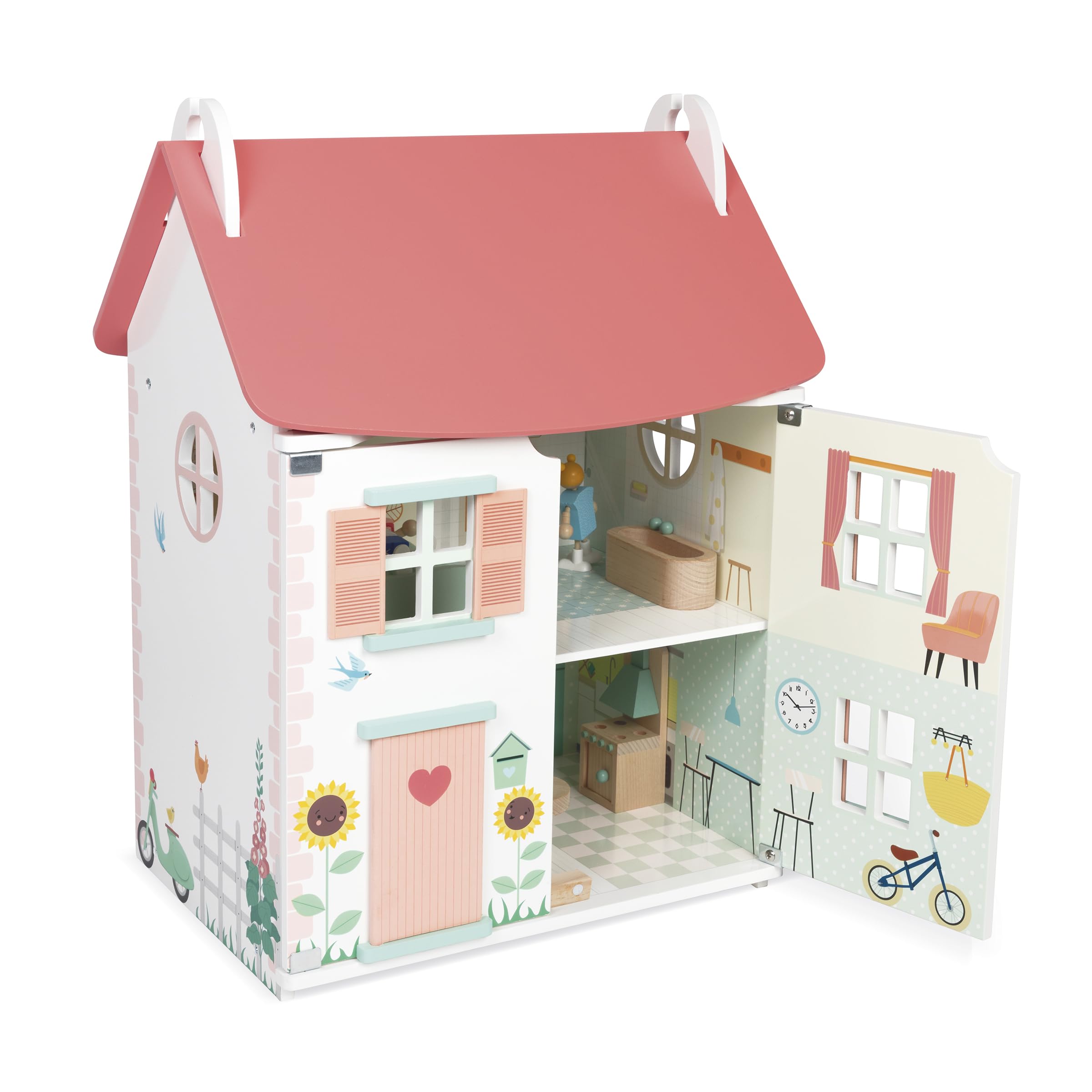 Janod - La mia Prima casa delle Bambole in Legno - 10 Accessori - Mobili per Bambole - Porte magnetiche e Tetto Rimovibile - Giocattolo in Legno FSC - dai 3 Anni