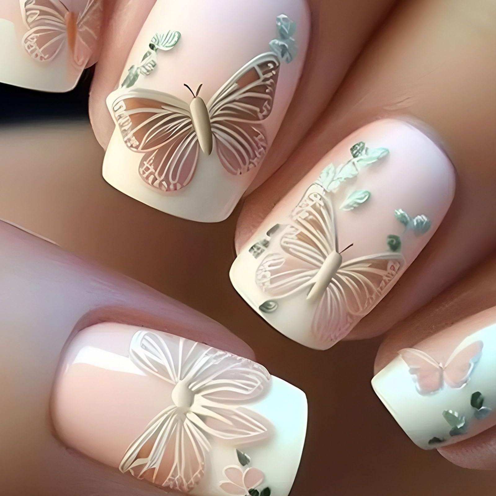 Butterfly Press On Nails - Short Square False Nails with 3D Relief Designs, White French Tip, Matte Finish, Light Pink Acrylic, 24 Pcs