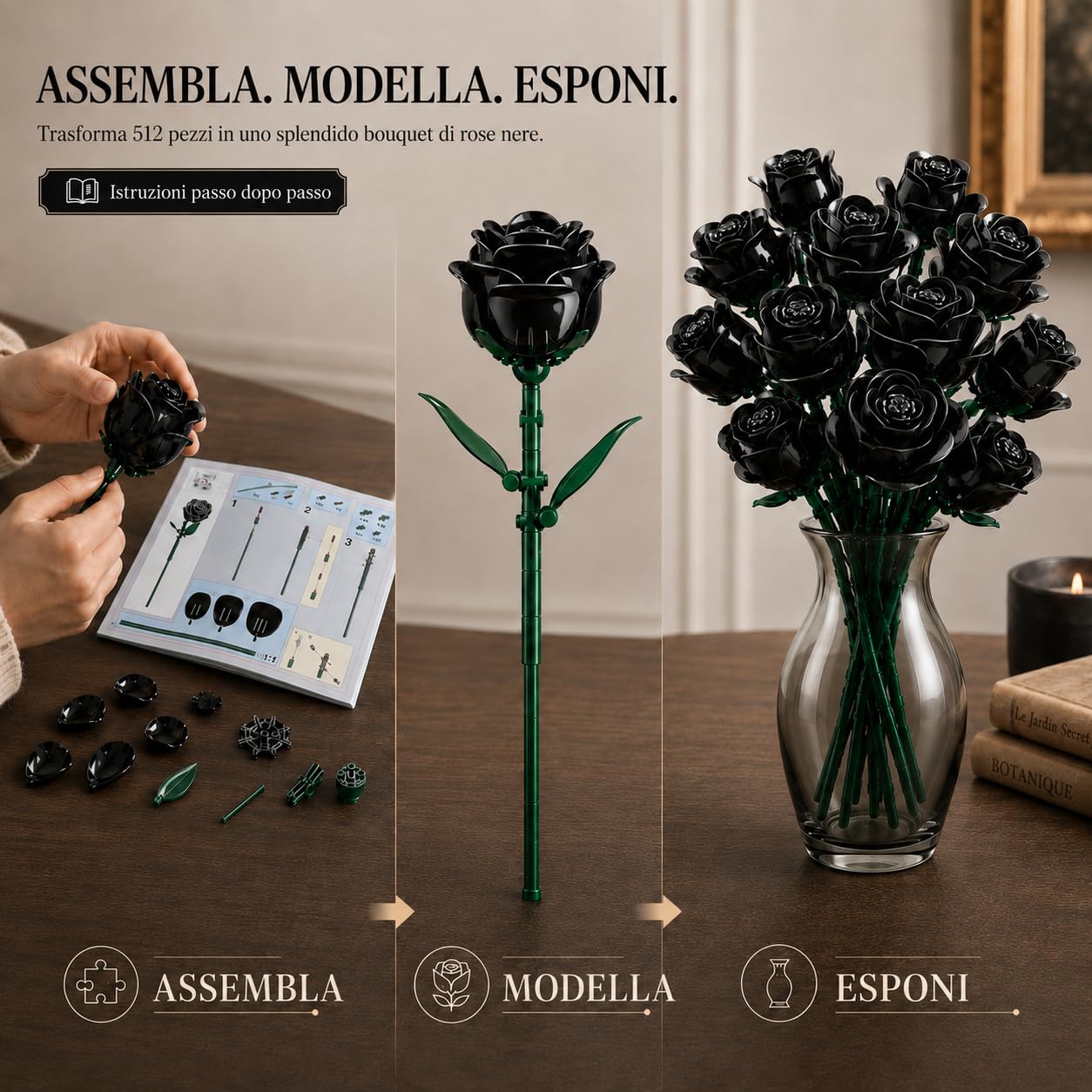 TYCOLE Rose Nere in Mattoncini, Bouquet Gotico, 12 Fiori, 512 Pezzi