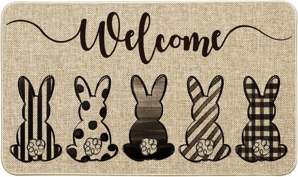 Artoid Mode Buffalo Plaid Stripes Dot Bunny Welcome Easter Doormat, Seasonal Spring Summer Holiday Yard Floor Switch Mat for Indoor Outdoor 24x35 Inch