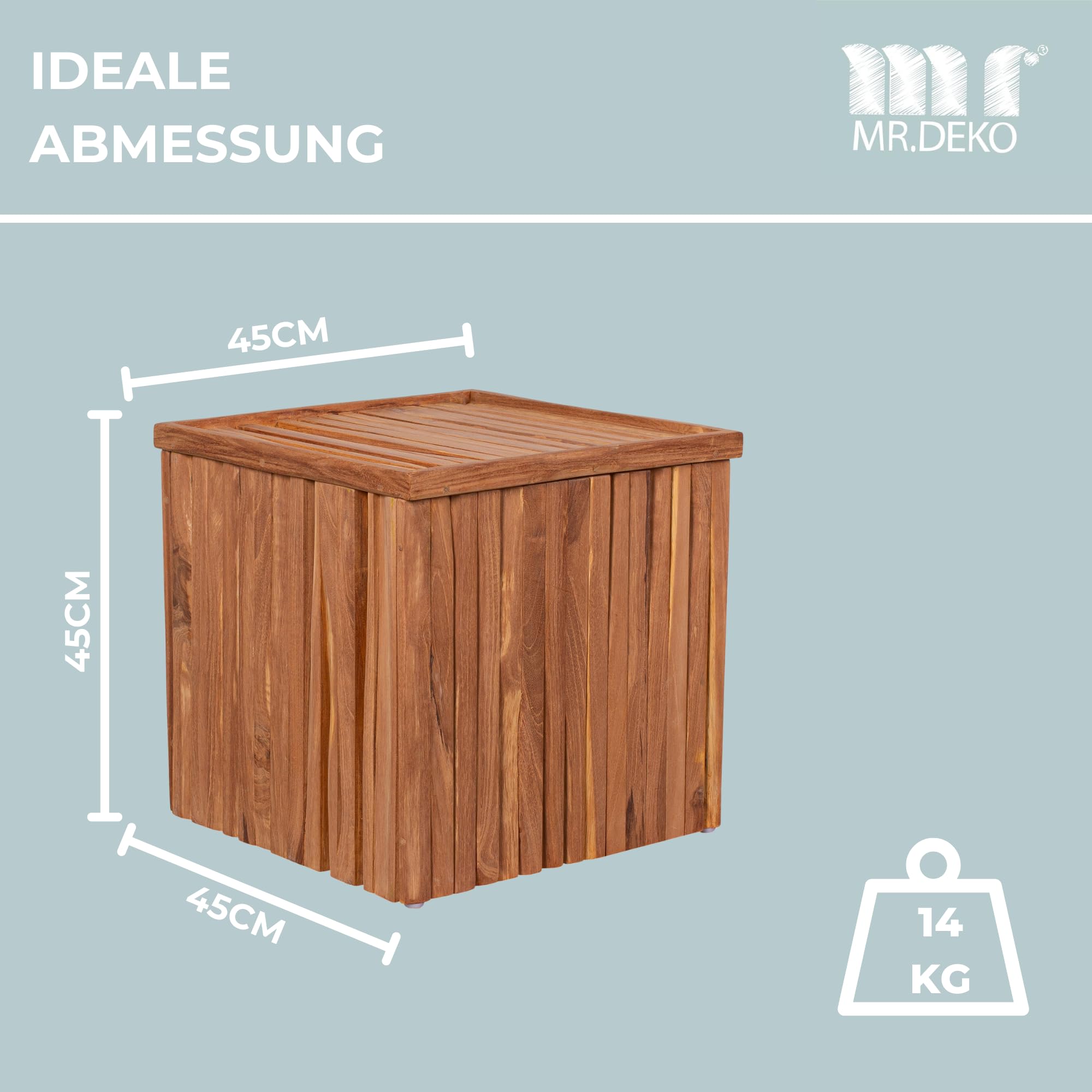 MR. DEKO Teakbox Oxford Sitzhocker inkl. Sitzkissen | Teak Holz Gartenhocker Wetterfest | Auflagenbox Klein Massivholz Teakholz | Beistelltisch Garten Stauraum | Sitzbox Balkon 45x45 cm
