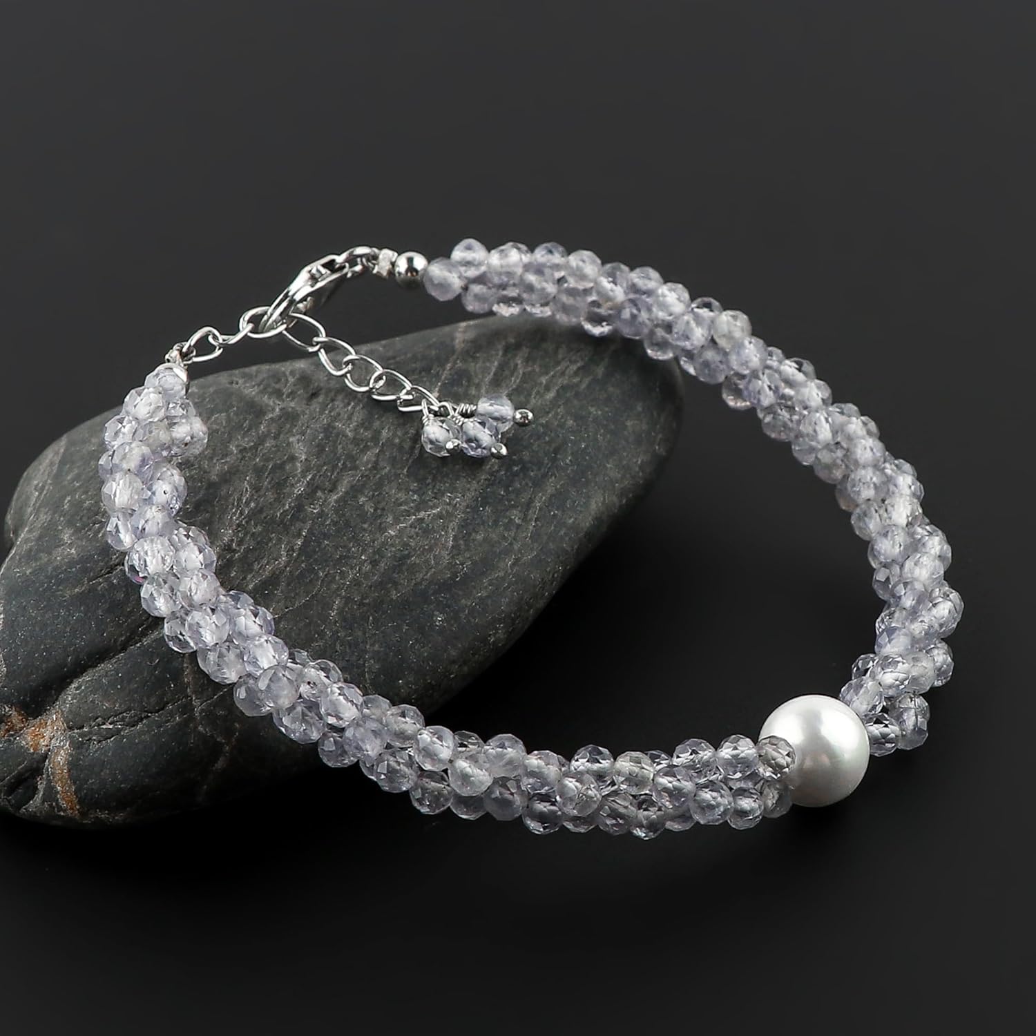 CRYSTALIS Natural Iolite Beads Twisted Rope Bracelet with Elegant Pearl, High Grade Gemstones, Chakra Healing Stones, Gift Giving Womens Jewelry, 925 Sterling Silver Bracelet 8 inch - Image 3