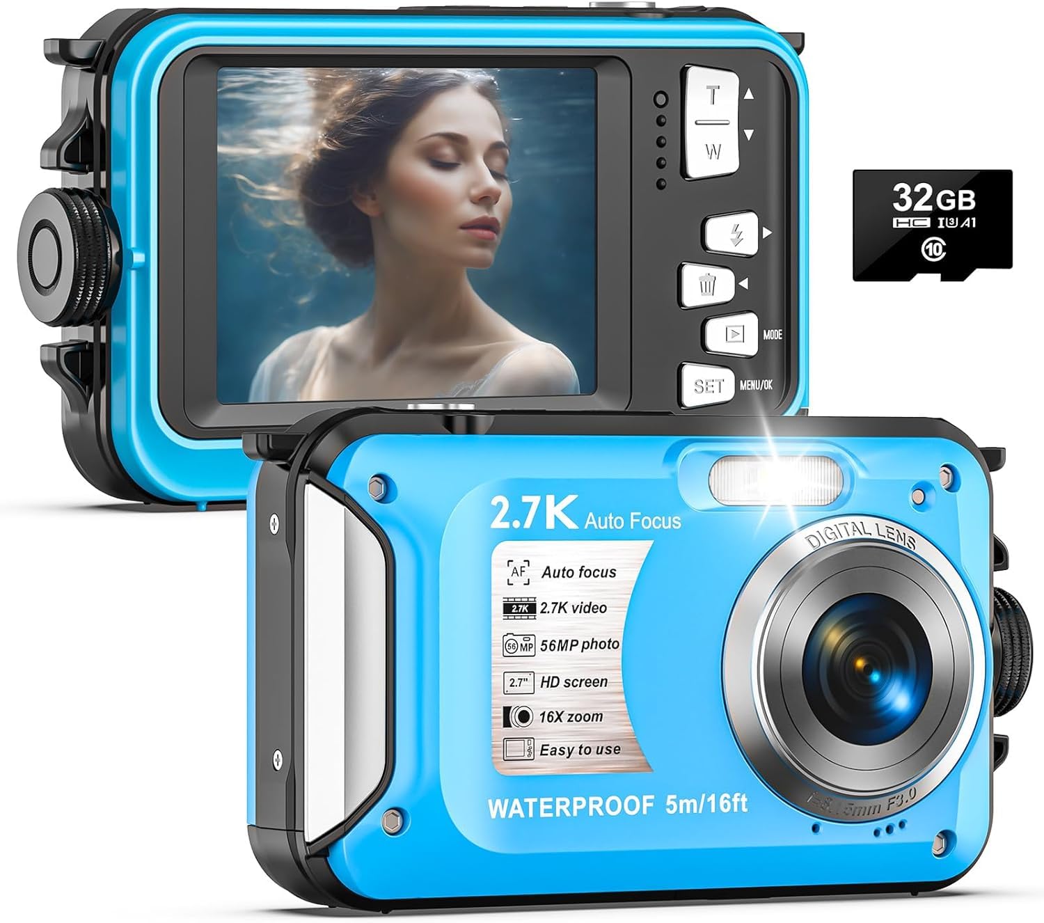 Appareil photo sous-marin 2,7 K - Étanche - Mise au point automatique 56 MP - Avec carte de 32 Go