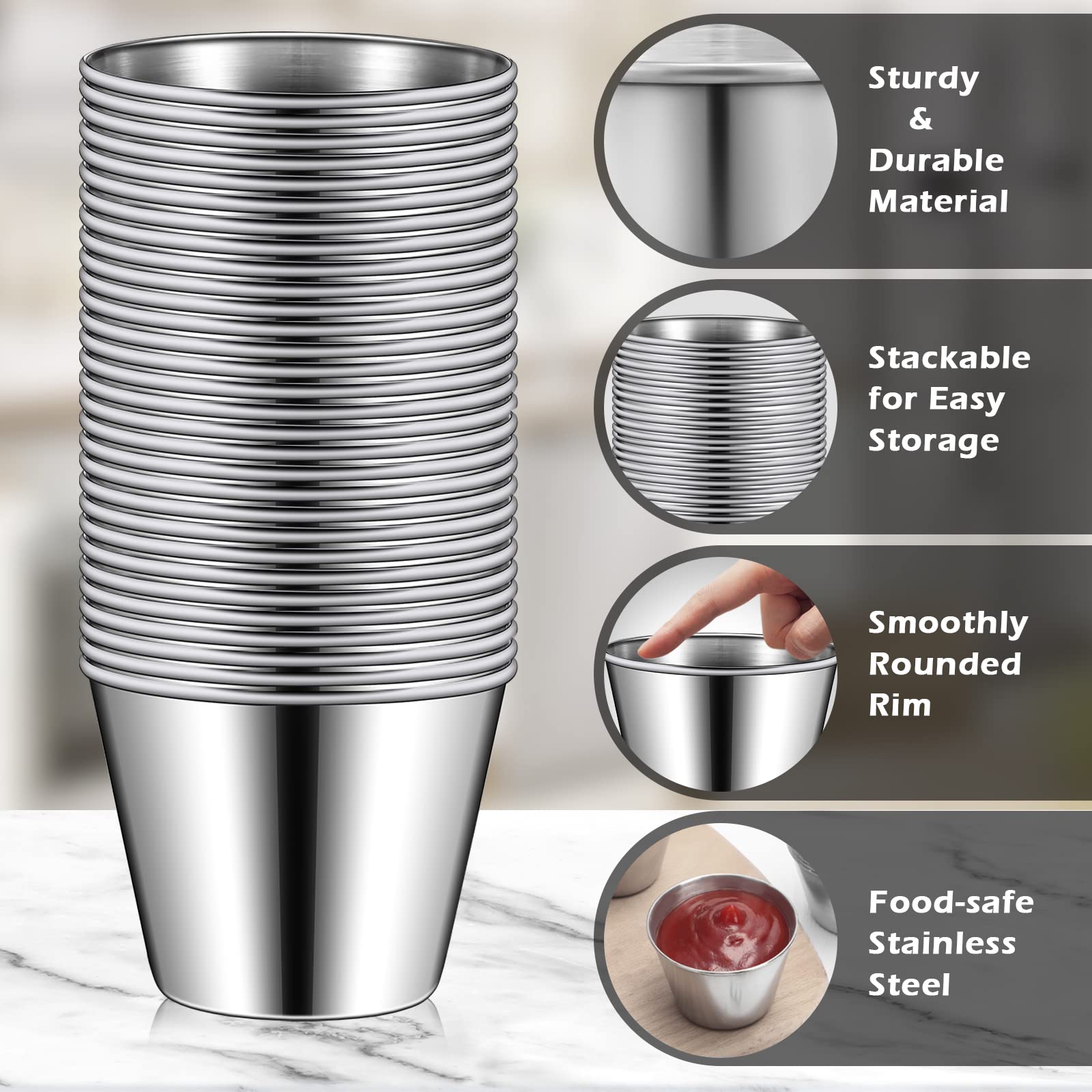 100 tazas de salsa de acero inoxidable de 1.5 onzas, tazas de inmersión para condimentos mentales, recipientes redondos para salsa, cuencos de condimentos para platos, mantequilla, cocina,