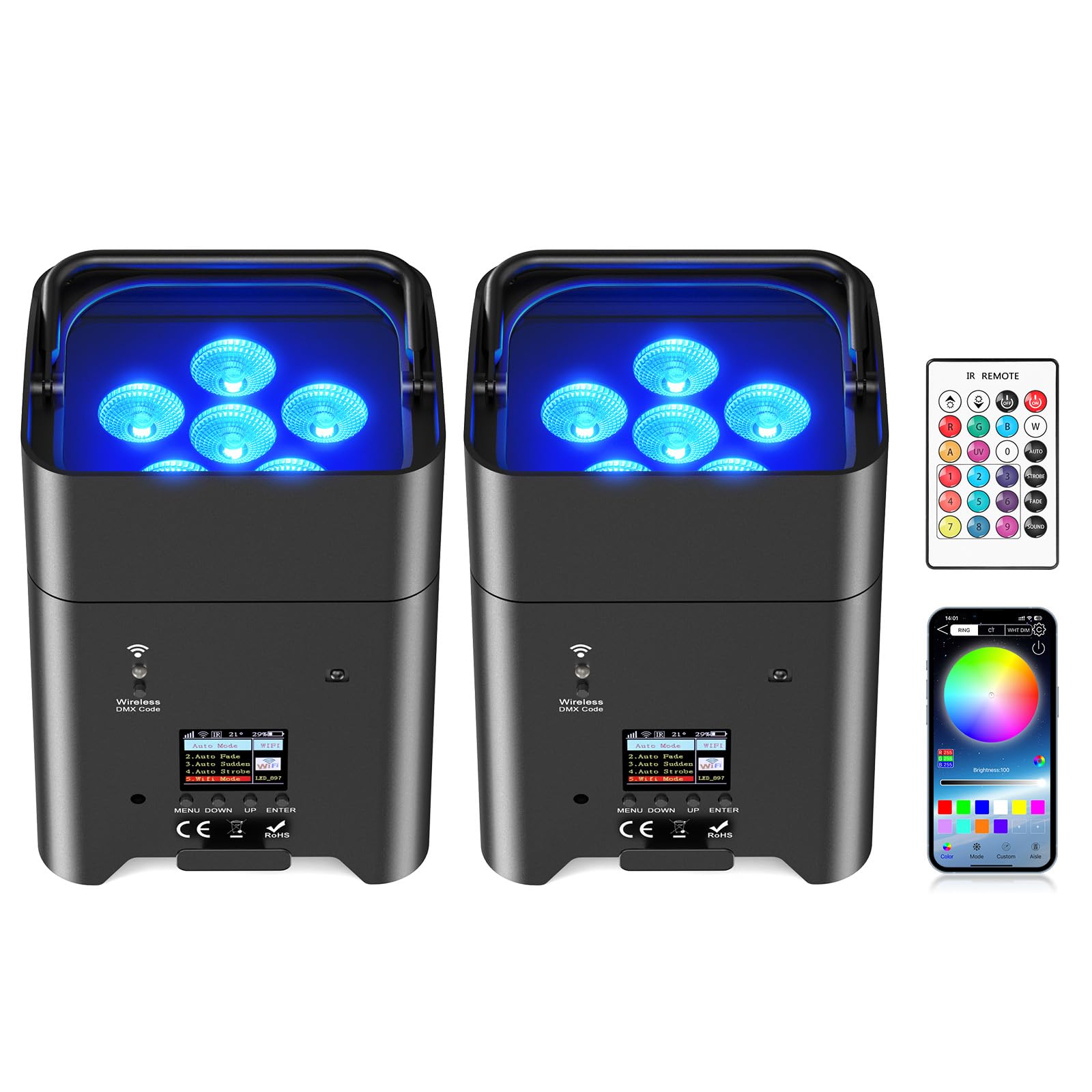 2PCS 6 * 18W LED Akku Par Licht, 6 in 1 RGBWA+UV Disco Partylicht mit 9600mAh, Bühneneffekt Scheinwerfer mit Batterie Fernbedienung/APP/DMX, Wiederaufladbar Geeignet für Bühne Party Geburtstag Club
