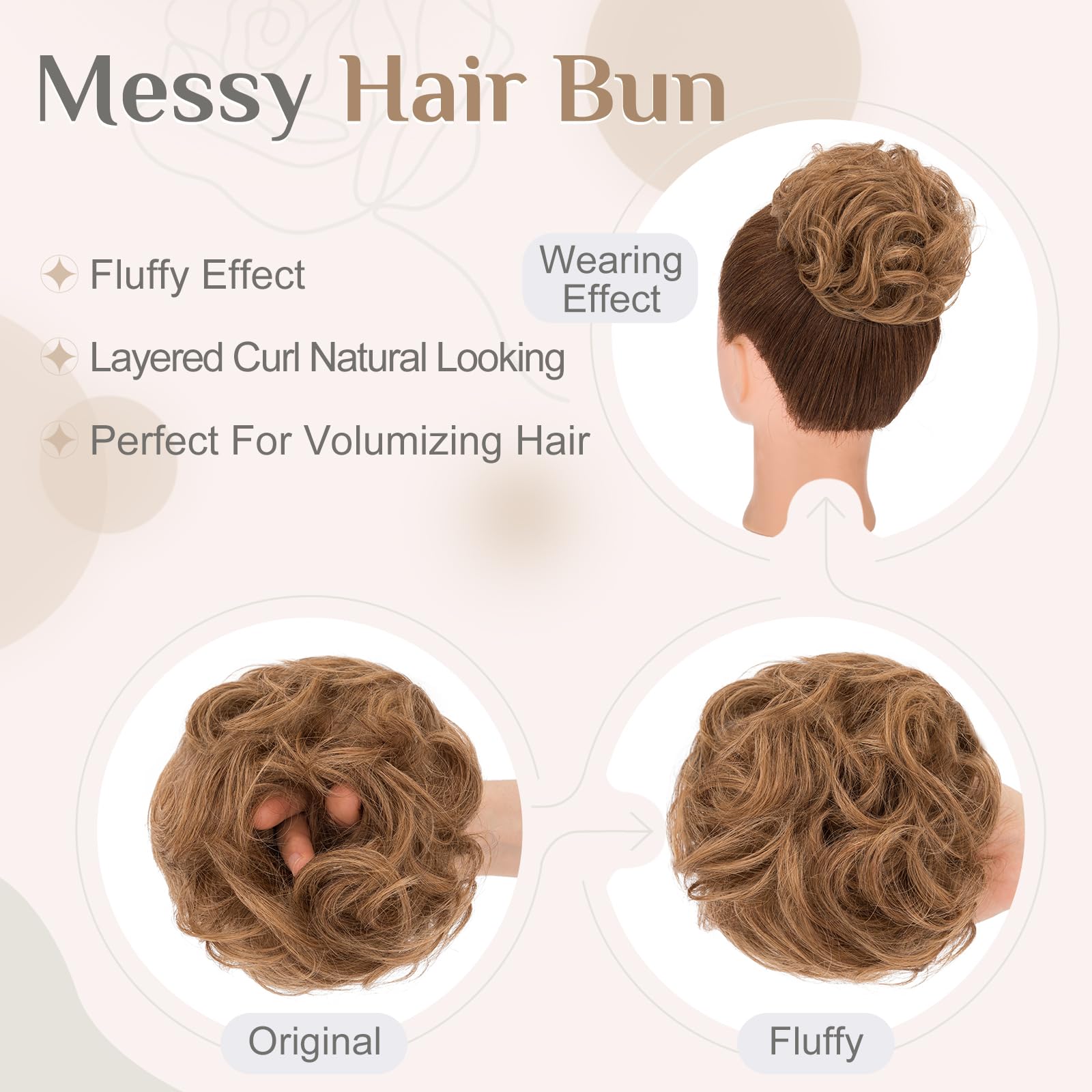 Elailite Human Hair Bun Scrunchie Messy Hair Piece Real Hair Covered Donuts Updo Chignon For Women - #6R Light Brown - Image 4