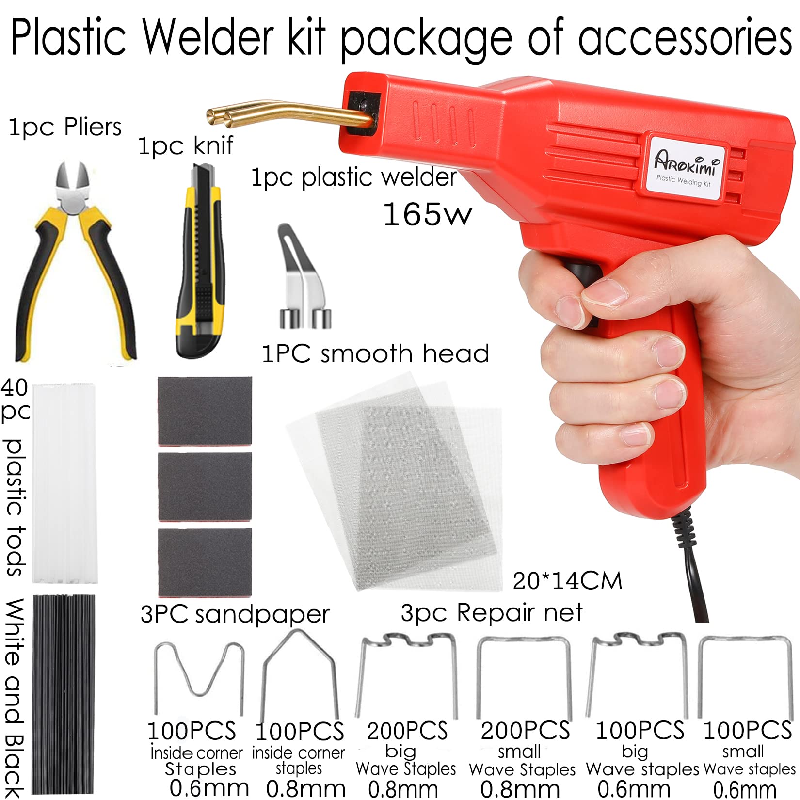 165W Plastic Welder Kit Automotive, Hot Staple Plastic Repair Kit Car Bumper Flat/Outside Corner/Inside Corner/Wave 800 PC Staples (Red)