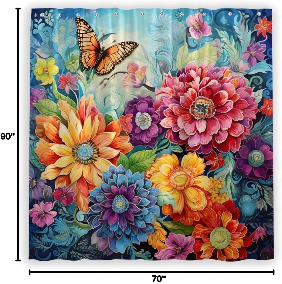 Watercolor Floral Boho Shower Curtain Bohemian Gorgeous Colorful Sunflowers Peony Daisies Dahlias Flowers Tropical Succulent Plant Mandala Beautiful Bright Cloth Fabric Bathroom Curtains with Hook