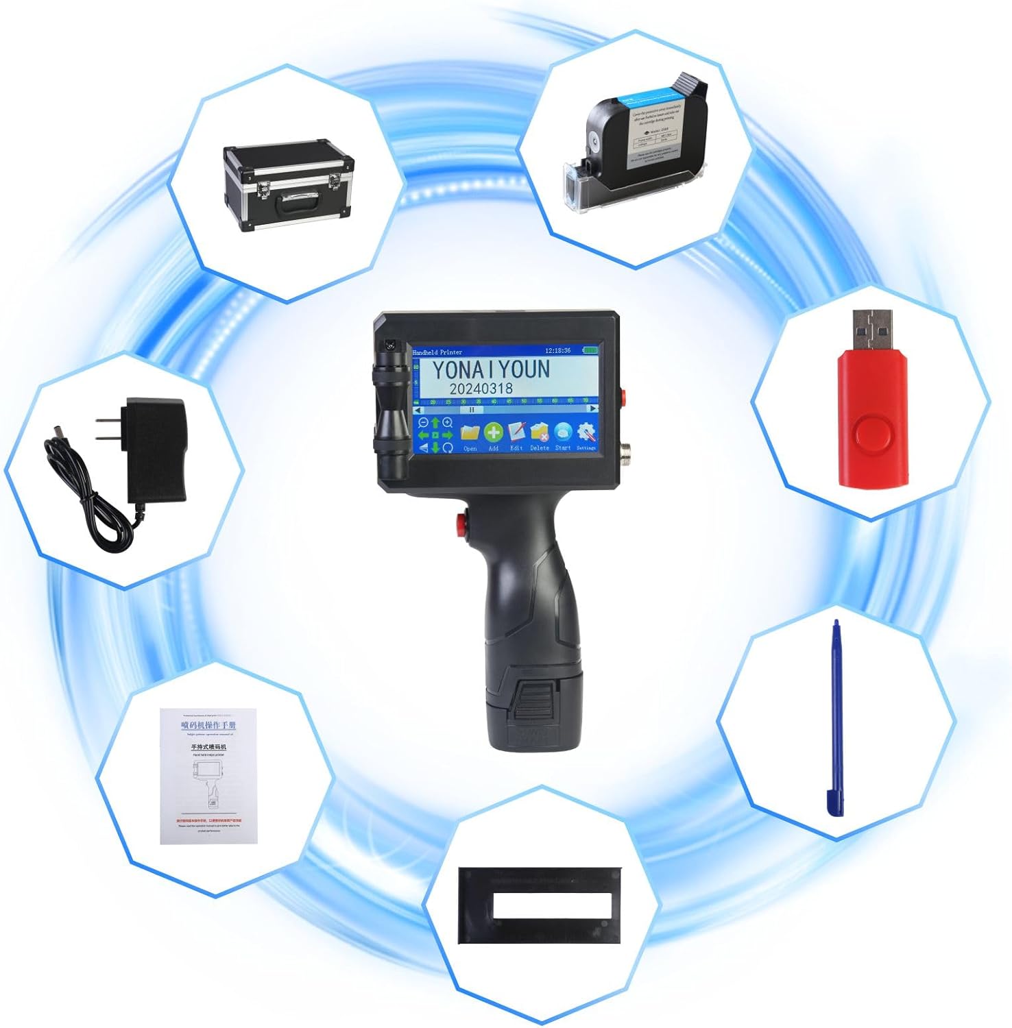 Handheld Inkjet Printer Gun with Quick-Drying Ink Cartridge & 4.5 Inch Touch Screen - Supports 28 Languages & QR Code Barcode - Ideal for Printing Production Dates, Times, Logos & Batches