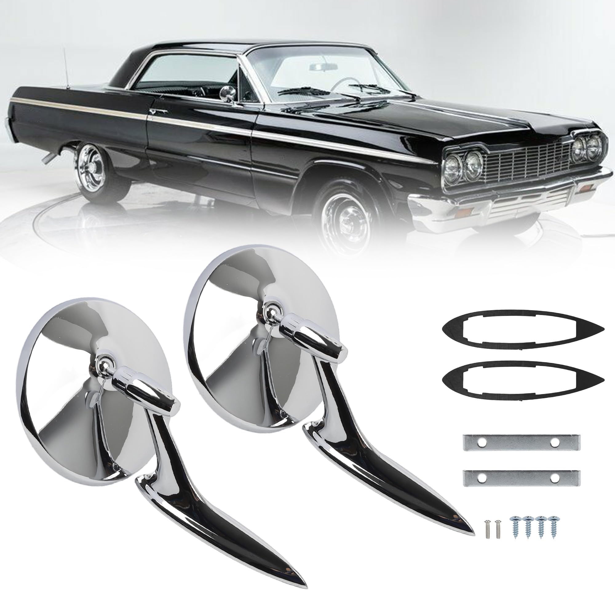 Dasbecan Round Bowtie Outside Rearview Mirrors Ribbed Base Compatible With 1963 1964 1965 Chevy Chevelle El Camino Impala