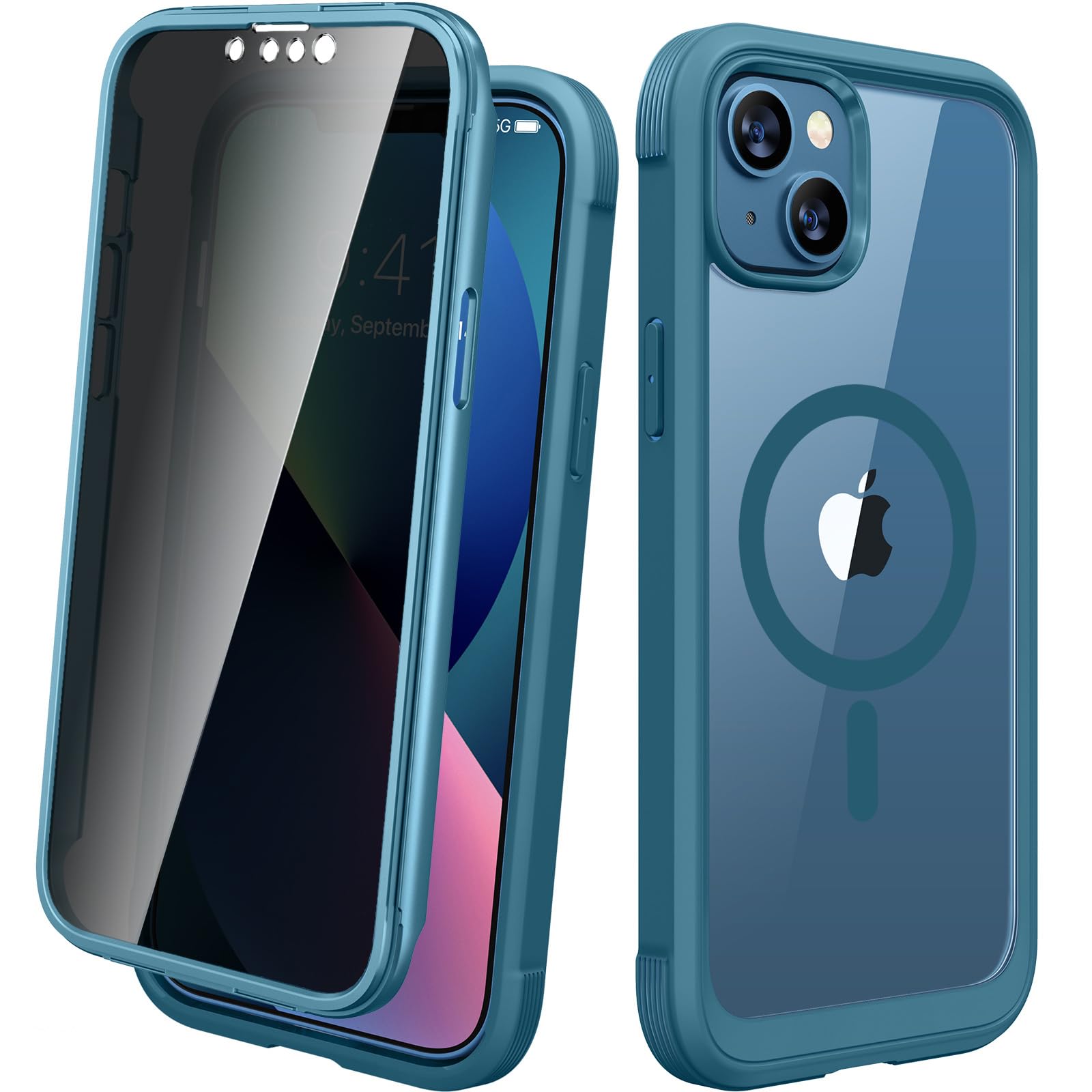 Diaclara Magnetic for iPhone 13 Case, [Privacy Screen Protector &amp; Fit for MagSafe] Built-in Shockproof Screen Protector, [Camera Lens Protector] Phone Cover for iPhone 13 6.1"(Blue)