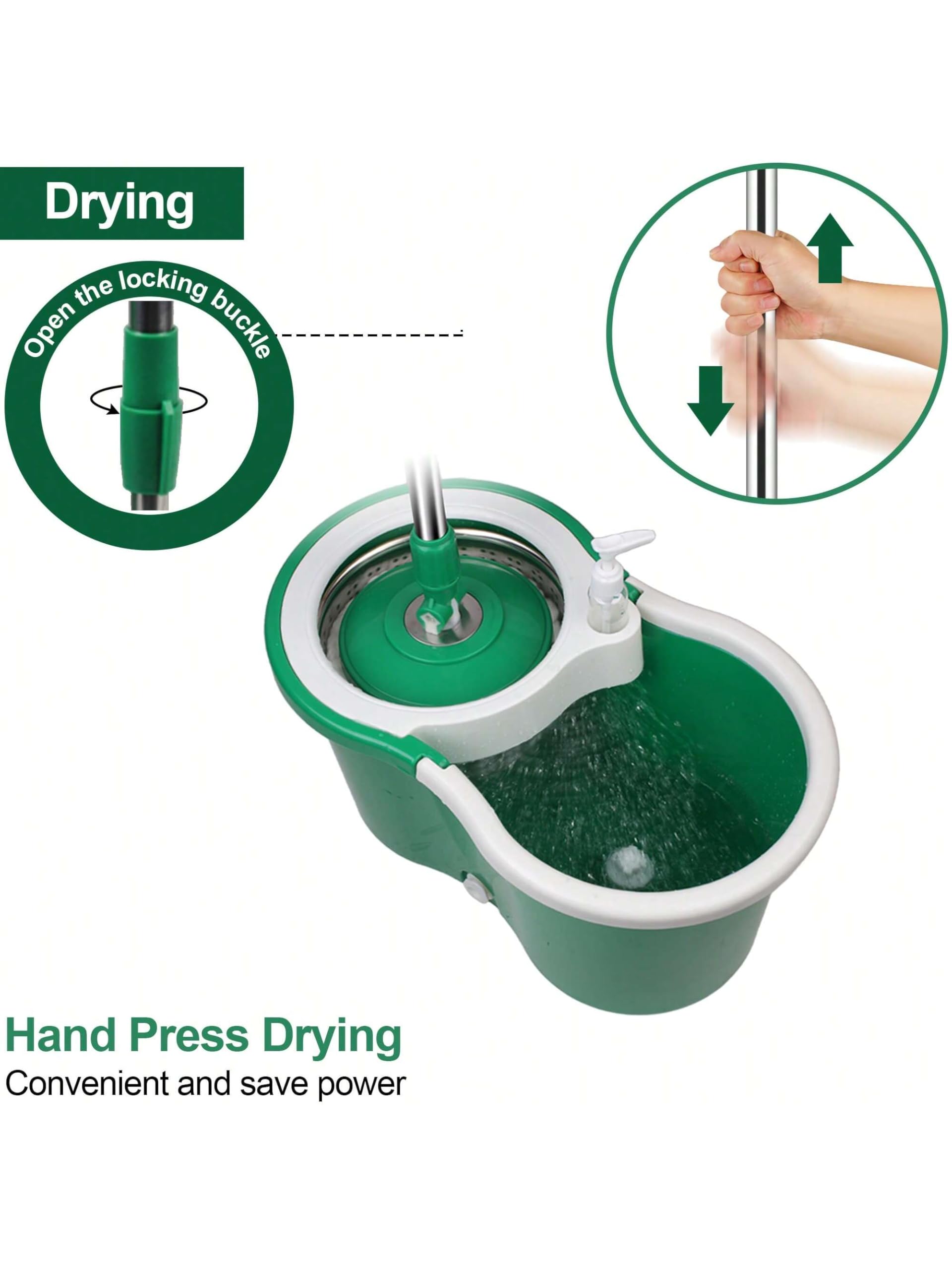 Mopa giratoria y cubo con juego de escurridor, sistema de cubo giratorio de 360° con 3 cabezales de repuesto de fregona de microfibra, mango ajustable para limpieza de suelos (verde)