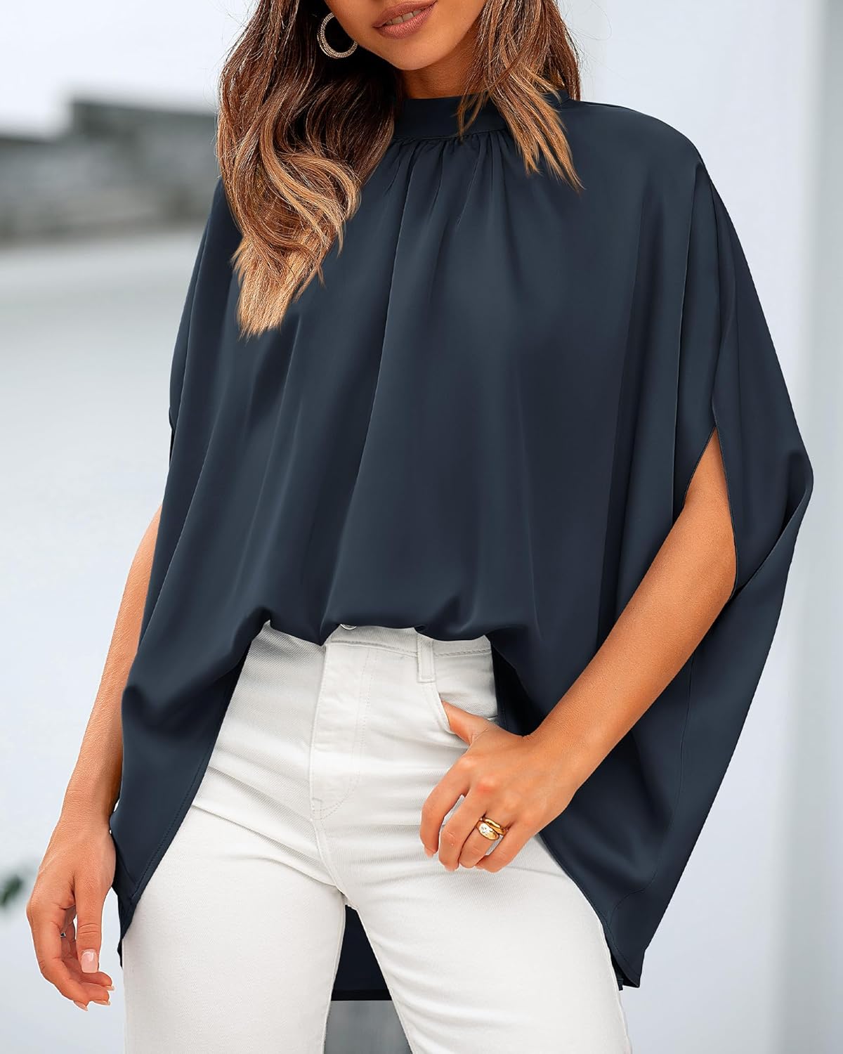 BTFBM Womens Summer Tops 2026 Mock Neck Batwing Sleeve Silk Satin Shirts Loose Oversized Dressy Casual Spring Blouses - Image 6
