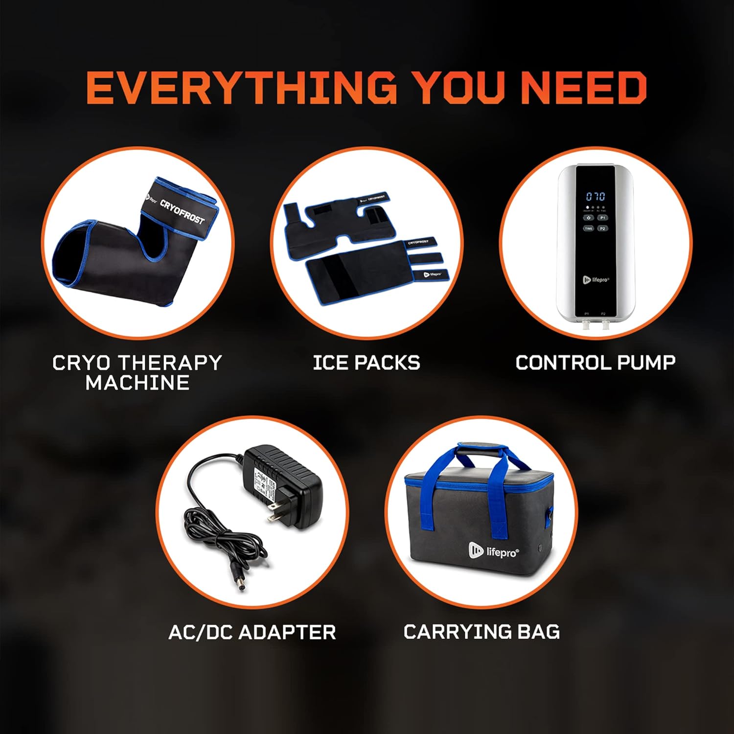 All components of the Lifepro CryoFrost system laid out