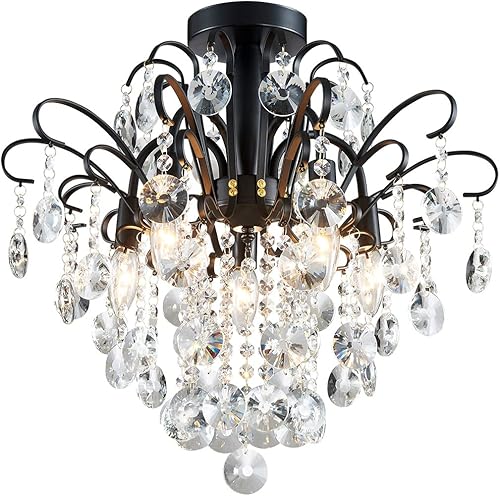 Miniatura 4 de WUZUPS Crystal Chandelier Flushmount Ceiling Light Modern Lighting Fixture for Bedroom Hallway Bar Kitchen Bathroom, H 17.5'' x W 19.3'', E12 Base