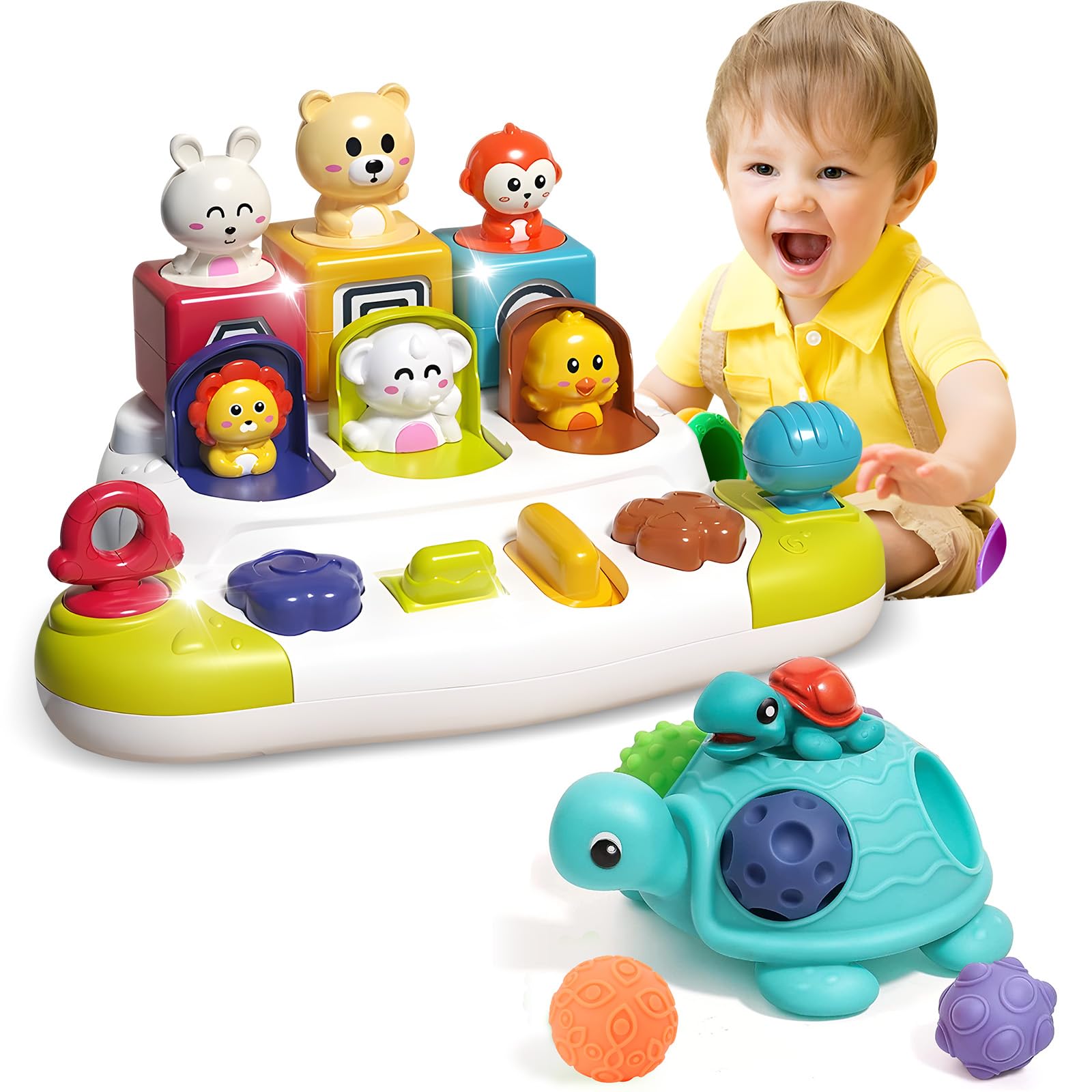 ROHSCE Sensory Balls Montessori Toys for Babies 6-12 Months and Pop Up Toy, Sensory Toys Pop Up Animals Toy for Babies Montessori Toys for 2 Year Old