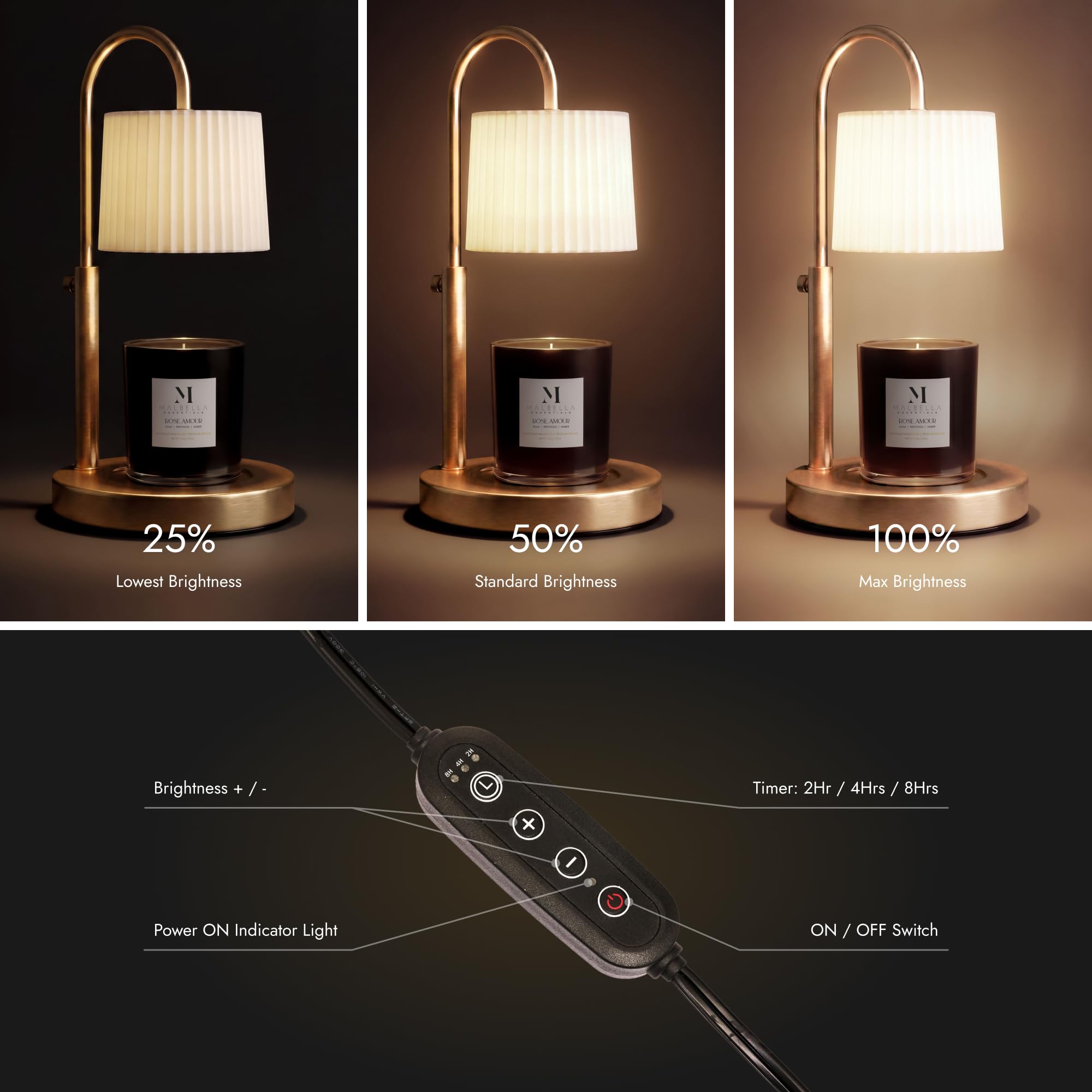 Ściemniana szklana lampa podgrzewacz świec z timerem, regulowana wysokość, podgrzewacz do świec, z timerem (8H/4H/2H) - topiący wosk, pasuje do świec zapachowych o różnych rozmiarach, żarówka 02