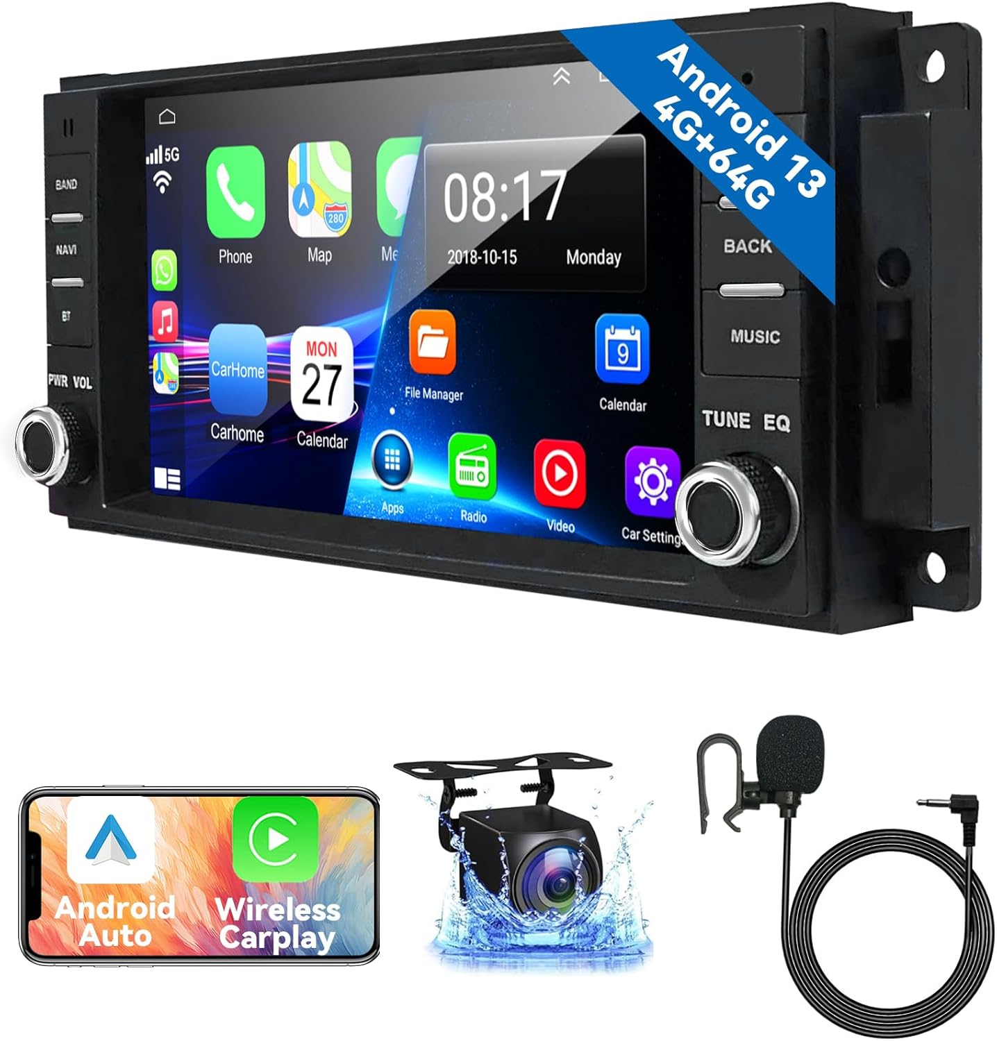 4G 64G Android 13 Car Radio for Jeep Wrangler JK Dodge Ram 1500 with Wireless CarPlay&Android Auto, 7 Inch Touch Screen for Jeep JK Stereo with WiFi GPS Navigation FM Radio+AHD Backup Camera