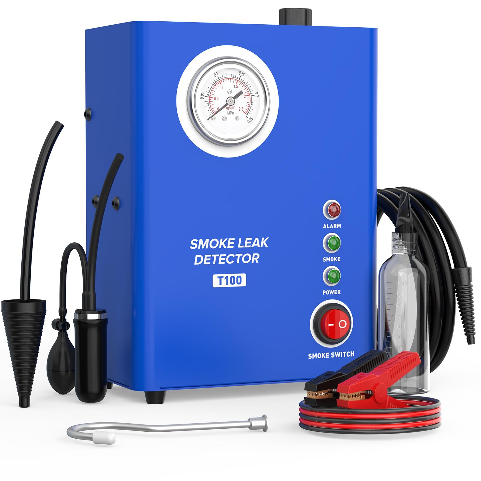 T100 Détecteur de fuites à fumée Automobile avec Pompe à Air et Indicateur de Pression, Testeur de Vide EVAP pour systèmes de tuyaux & fuites de Carburant, Compatible avec Voitures, Motos, Bateaux