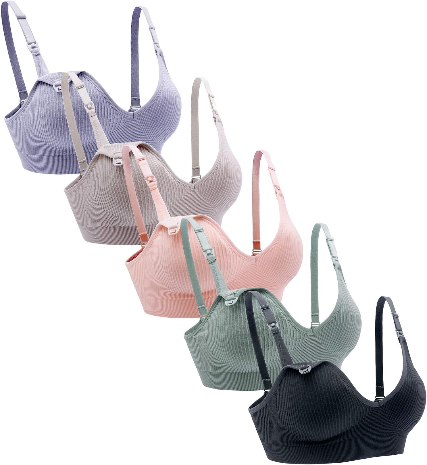 Suekaphin 5pack Wireless Deep V Neck Low Cut Maternity Nursing Bra Bralette for Breastfeeding with Extra Extenders