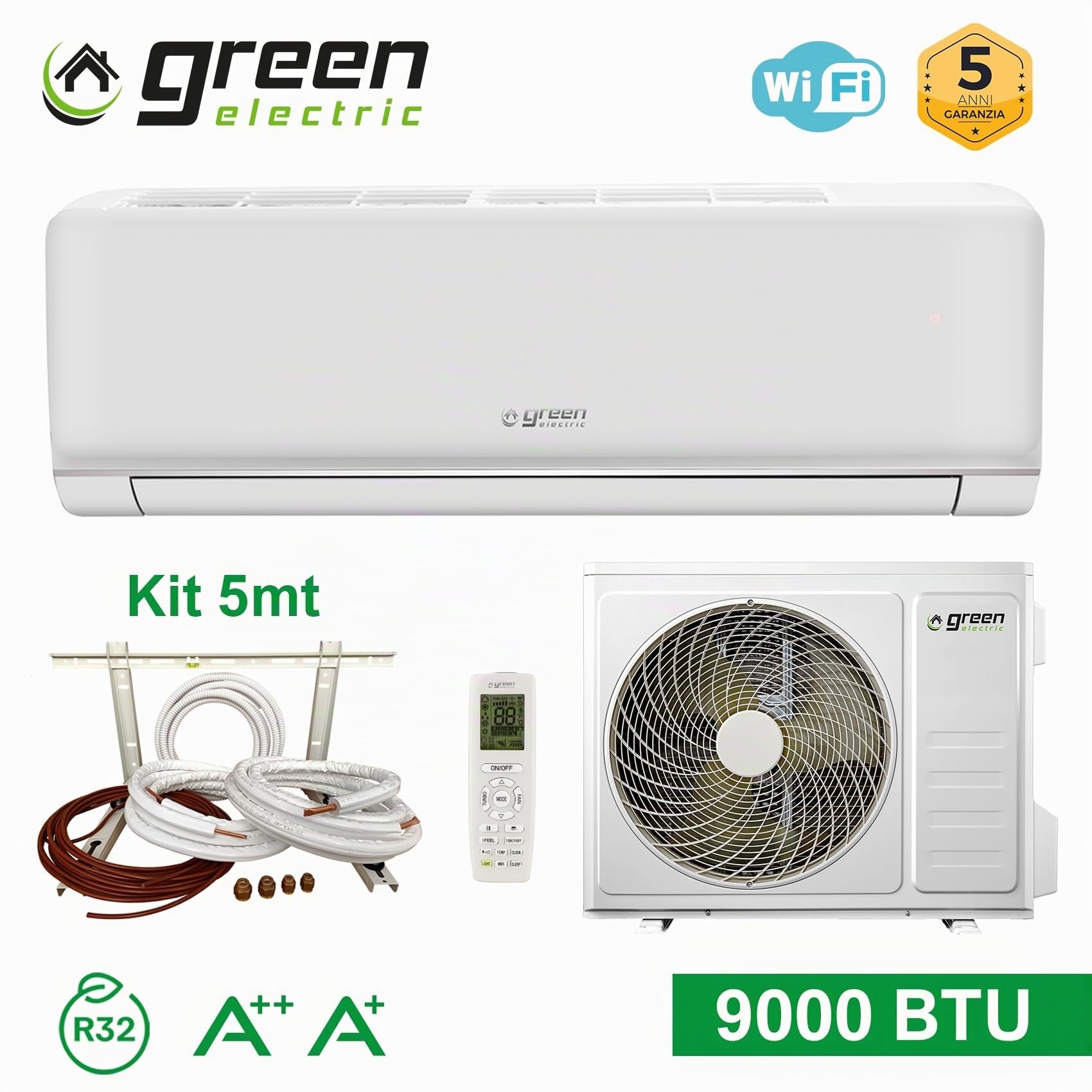 Plus Climatiseur Mono Split 9000 Btu Wifi Efficacité Énergétique A++/A+ 2,5 kW R32 avec Kit d'Installation 5 Mètres, Unité Intérieure et Unité Extérieure