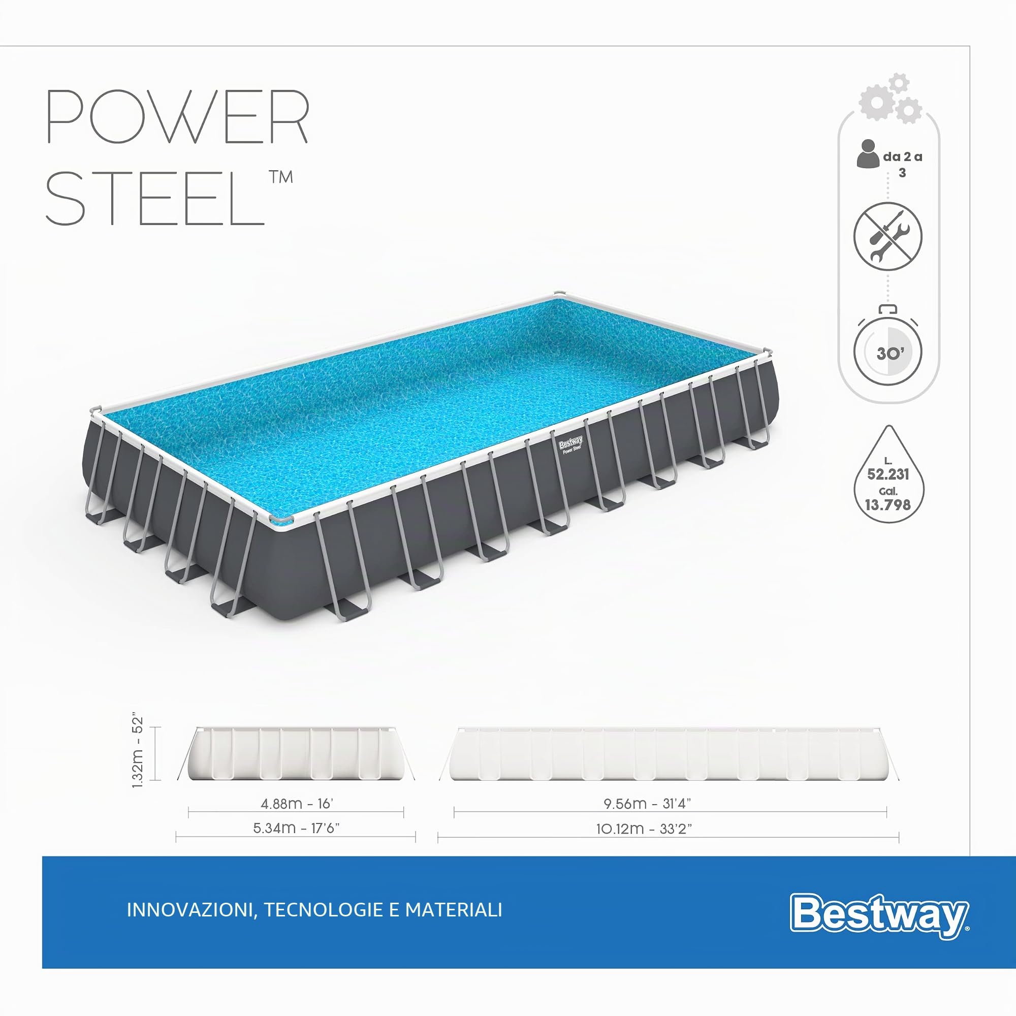Bestway, Power Steel, Piscina rettangolare con struttura in acciaio, grigio chiaro, pompa con filtro a sabbia + accessori, 956 x 488 x 132 cm