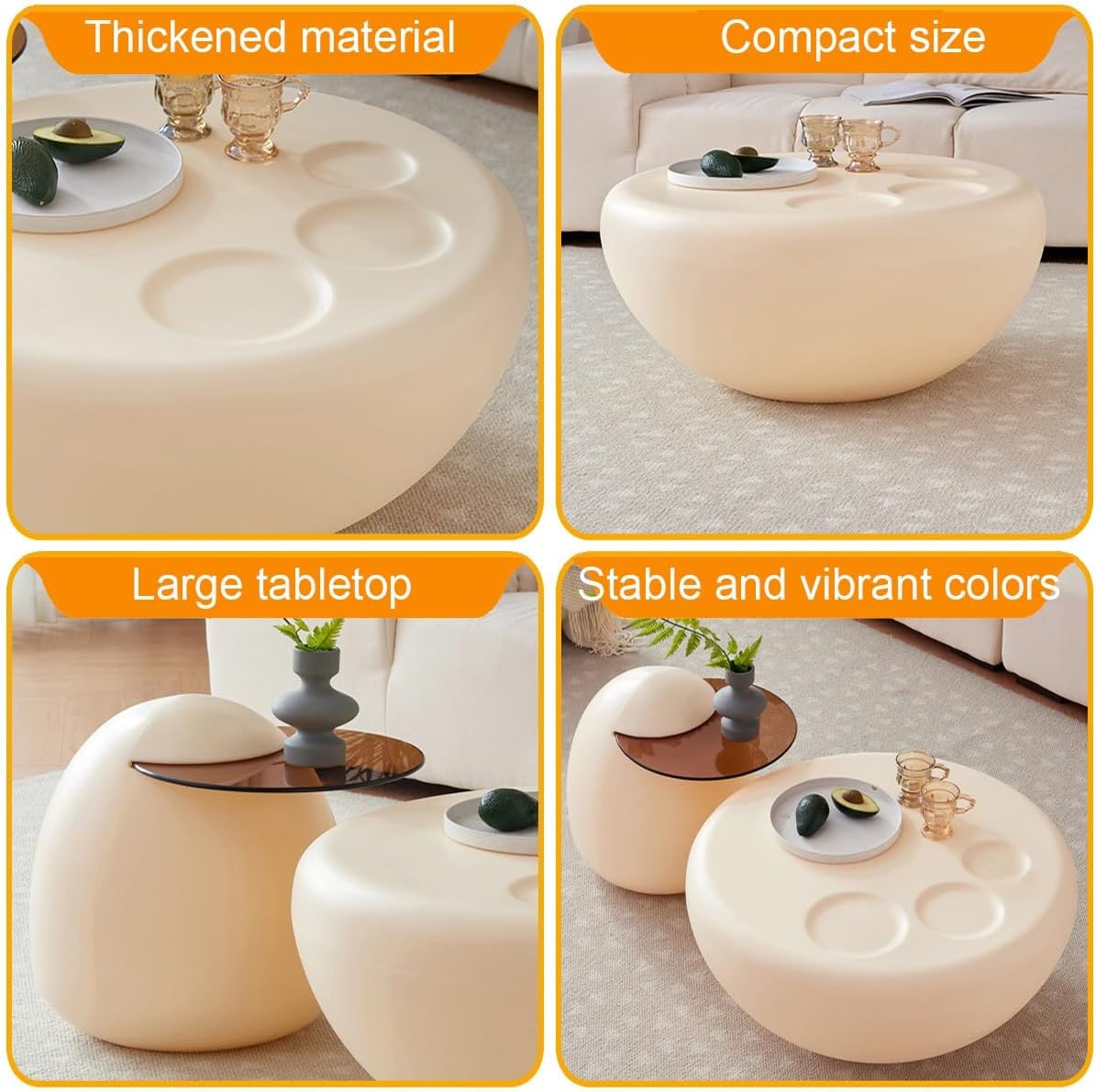 Unique Modern PE Material Coffee Table Set of 2,Cream Finish Sturdy Structure Thick Material Oval Coffee Table,Minimalist Center Tables for Living Room, Office