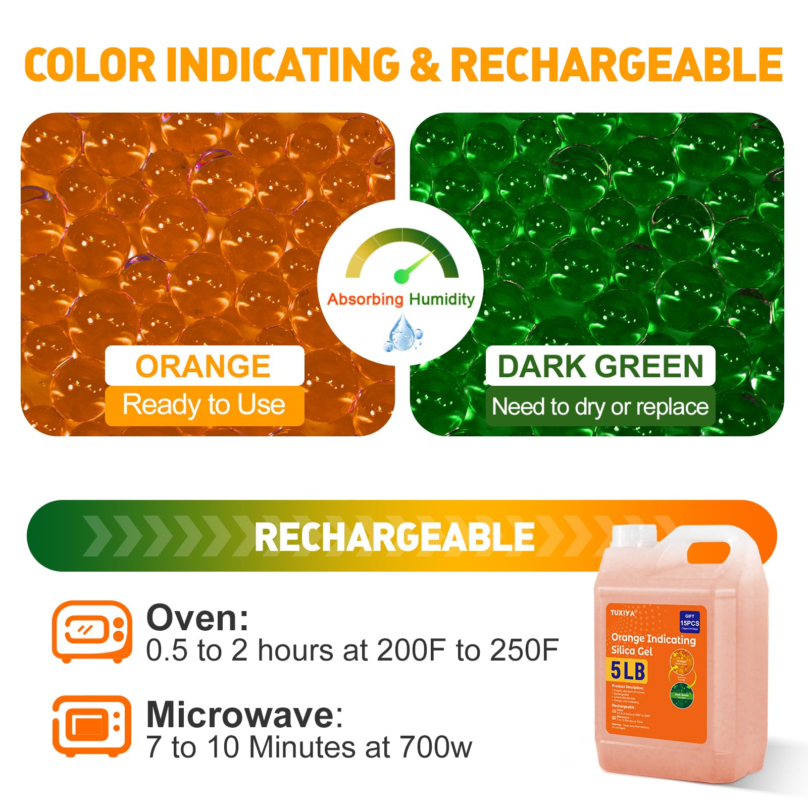 TUXIYA 5 LBS Orange Indicating Silica Gel Desiccant Beads Reusable — Amazon image 5
