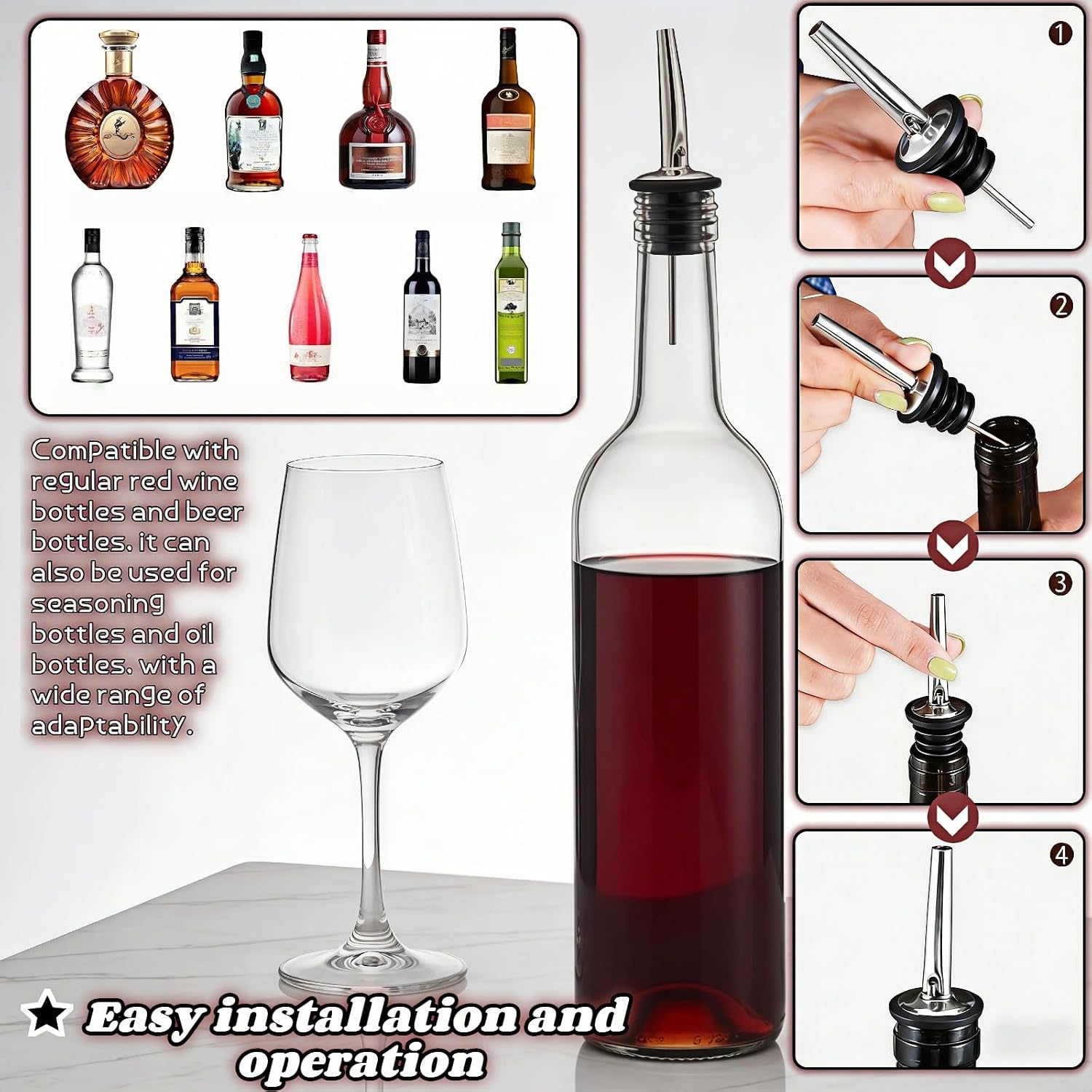 4-Pack Stainless Steel Wine & Oil Bottle Pourer Set - Precision Flow Control Spout with Anti-Drip Seal & Dust Cap for Liquor, Vinegar, Olive Oil - Bar Kitchen Tool by Yayaboqu