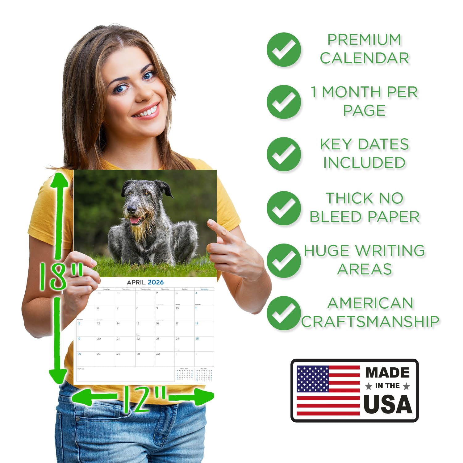 Calendario de perro lobo irlandés 2024 2025, calendario mensual de pared de raza de perro, abierto de 12 x 18 pulgadas, papel grueso que no se corre, regalo, planificador académico para profesores,