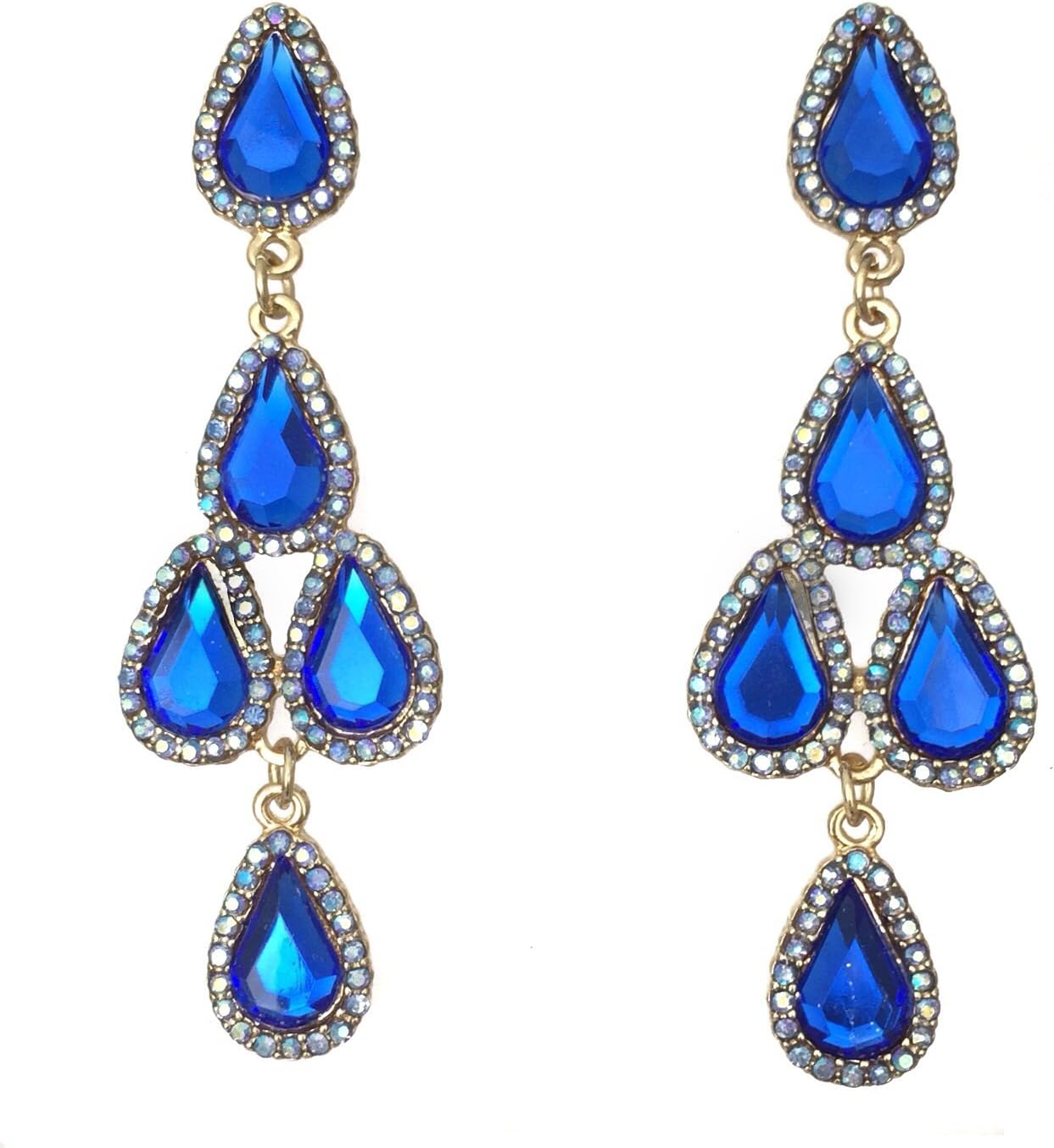 AB Rhinestone Prom Formal Teardrop Cluster Dangle Gold Tone Earrings