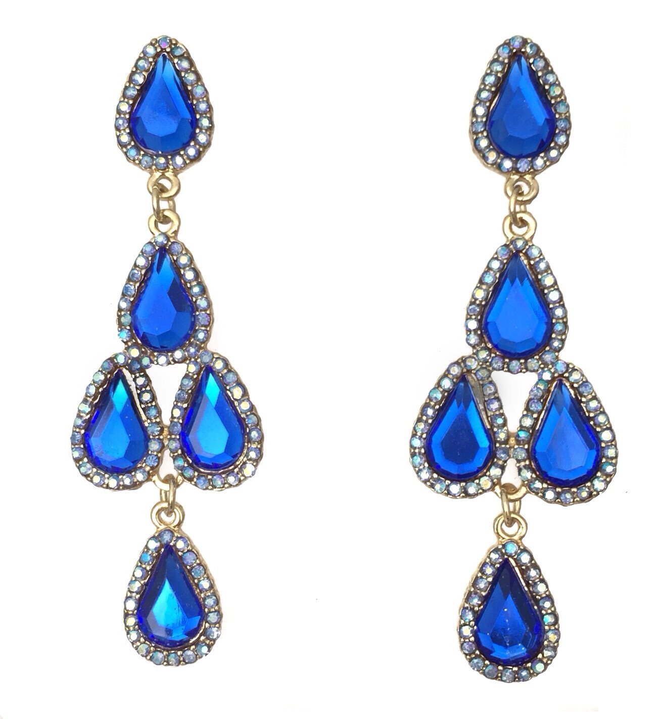 AB Rhinestone Prom Formal Teardrop Cluster Dangle Gold Tone Earrings