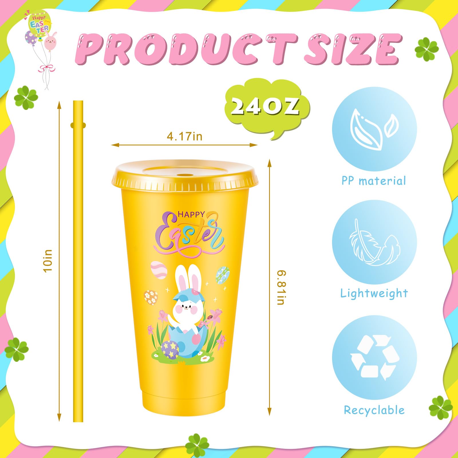 Uiifan Lot de 24 gobelets réutilisables en plastique avec couvercle et paille pour fête de Pâques – Gobelets réutilisables pour décoration de fête de Pâques (classique)