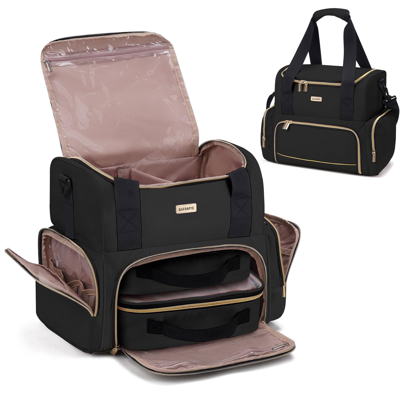 BAFAMYE Large Makeup Travel Cosmetic Bag with 2 Removable Case, Double Layer Big Travel Make Up Organizer Case, Toiletry Bag for Women, Train Cases