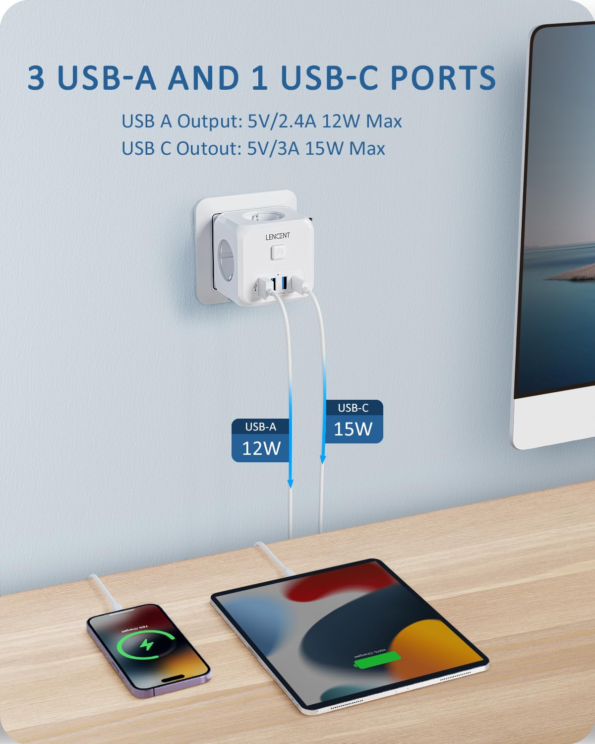 LENCENT Cubo Enchufe USB 7 en 1, Ladron Enchufes 4000W, Triple Múltiples Pared con 3 Tomas de CA, 3 USB-A, 1 Tipo C y Interruptor, Cargador Regleta Pared para Oficina, Cocina y Habitación