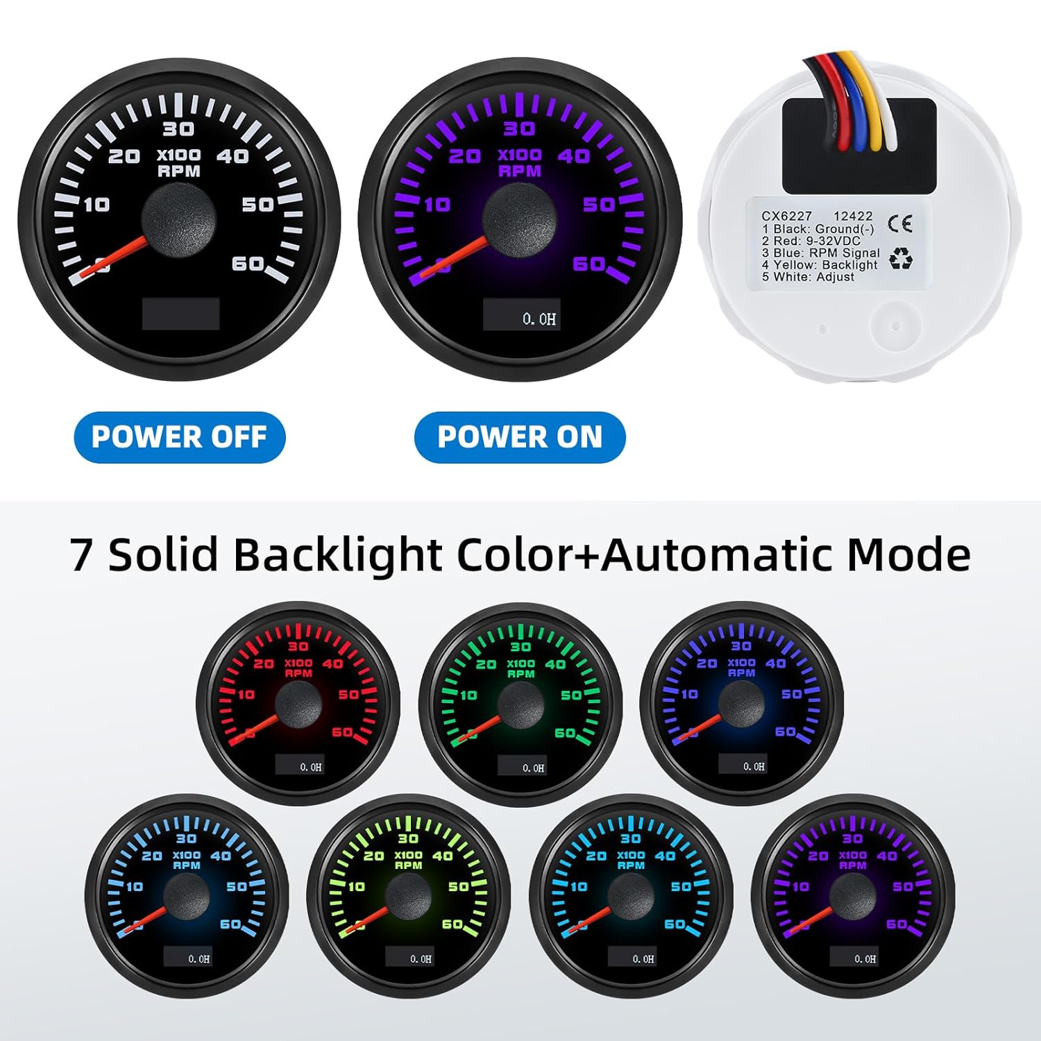 MH Tachometer 2-1/6" 52mm 6000 Tach Boat RPM Gauge 7 Color Waterproof for AUTO Car Truck Marine（Black）
