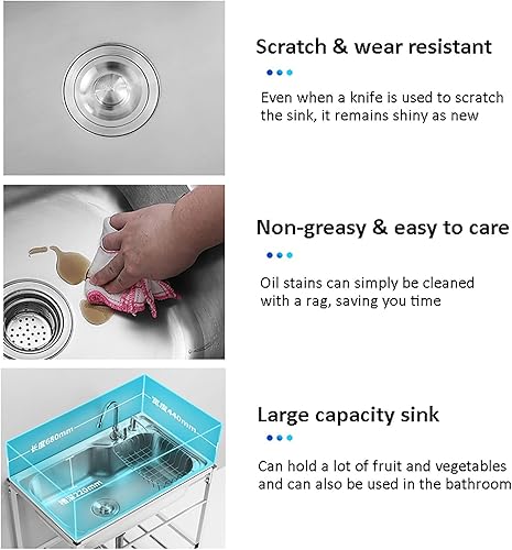 Miniatura 6 de QQXX Fregadero de cocina comercial de un solo cuenco juego de fregadero de acero inoxidable independiente con grifo de agua fregadero al aire libre