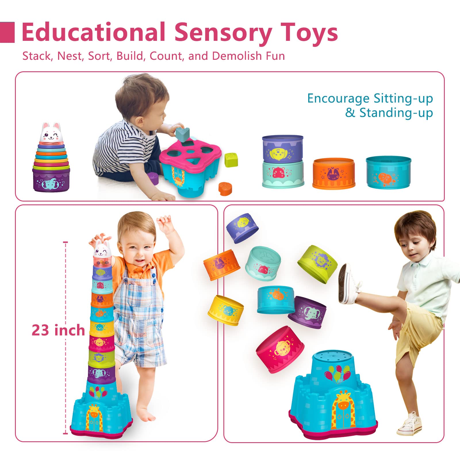 LTKFFFdp - Juguete apilable para bebés de 1 a 3 años, clasificador de forma de copa para bebés de 6-12-18 meses, bloque de aprendizaje apilable, regalo de cumpleaños para niñas y niños de 9