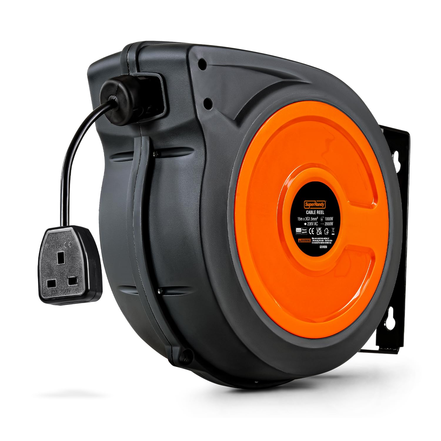 SuperHandy Retractable Extension Cord Reel 15m x 3G1.5mm² H05VV-F Industrial Polypropylene Ultra Heavy Duty Commercial Premium Grade Ultra Flexible Cable