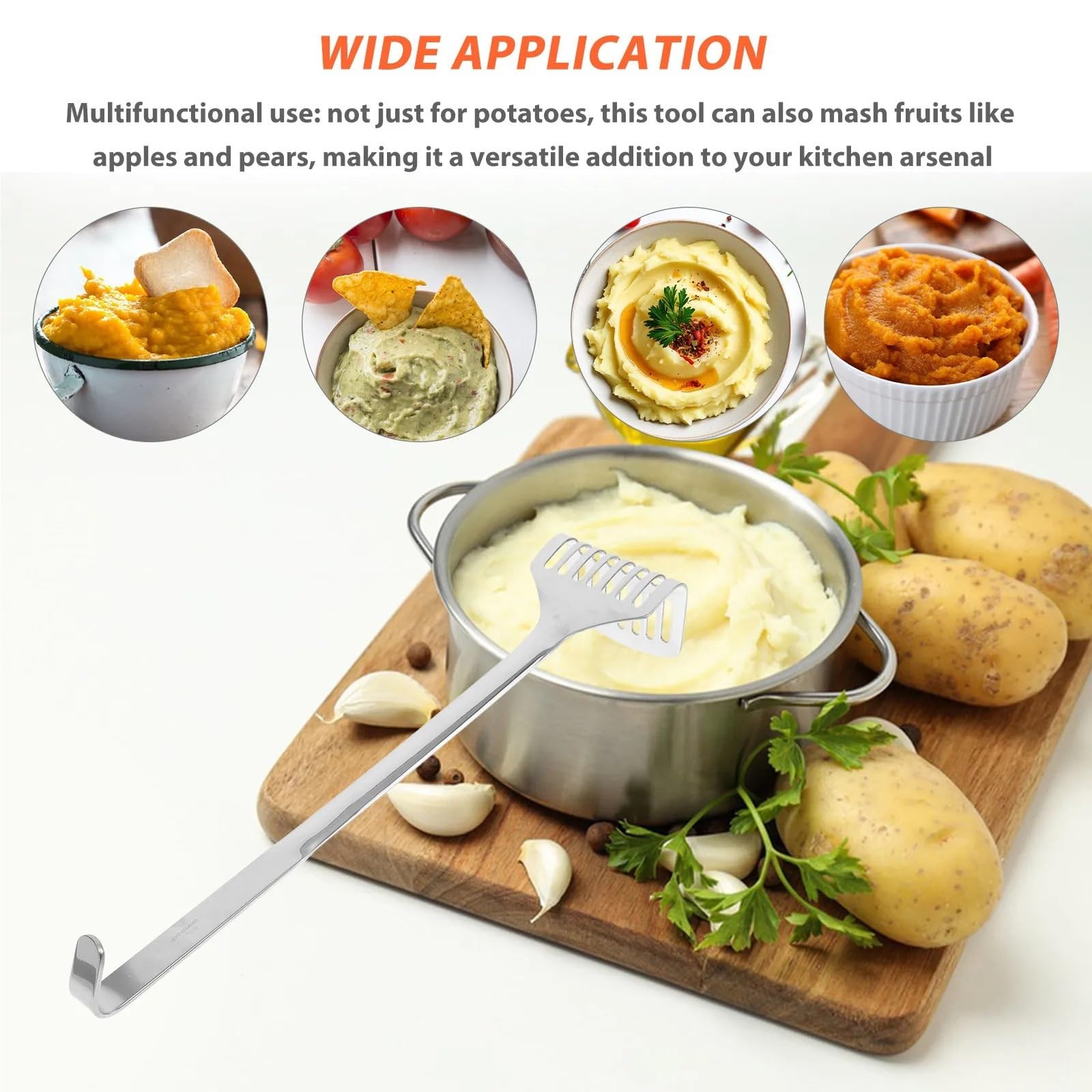 Kartoffelstampfer Edelstahl Kartoffelpresse aus Edelstahl mit langem Griff, manuelles Zerkleinerungswerkzeug for Lebensmittel, Bohnen, Avocado, Fleisch, Gemüse