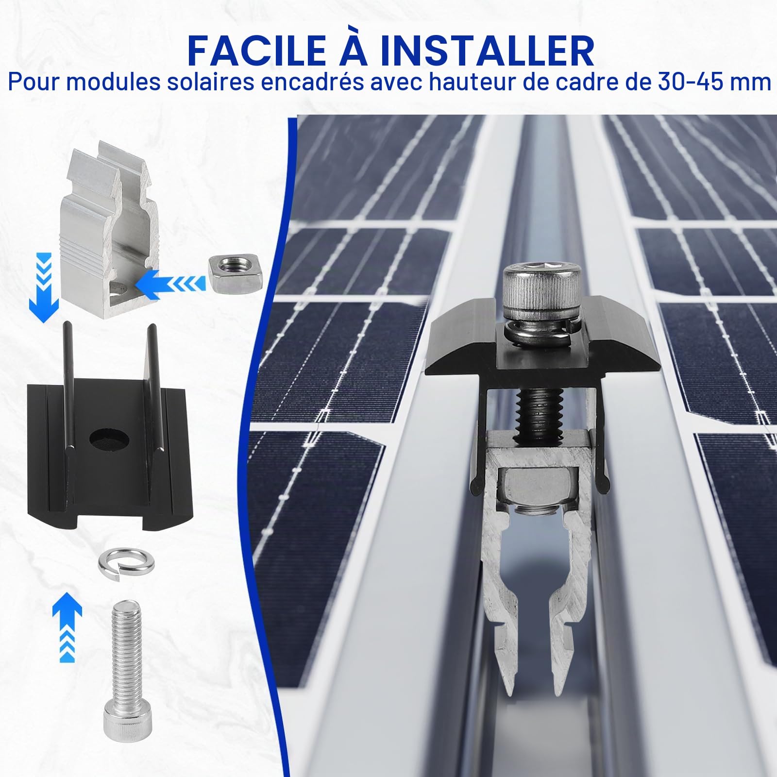 EXLECO Kit de 10 Support Panneau Solaire 30-45mm, Fixation Panneaux Solaires Photovoltaïque en Aluminium pour Rail, PV Pince de Toit - 5 Pièces Pinces Centrales et 5 Pièces d'Extrémité, Noir