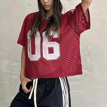 Y2k Jersey Shirts for Women Number Letter Graphic Mesh Oversized T Shirt Vintage V Neck Summer Football Tee Tops