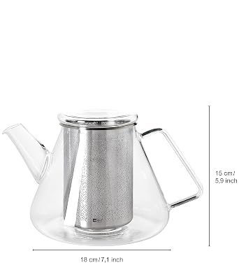 AdHoc TK50 Orient+ Teapot | Glass/Stainless Steel | Teapot with Infuser/Tea Strainer for Loose Leaf Tea | 1.5 litres | (H) 150mm x (D) 180mm | Clear | Dishwasher Safe