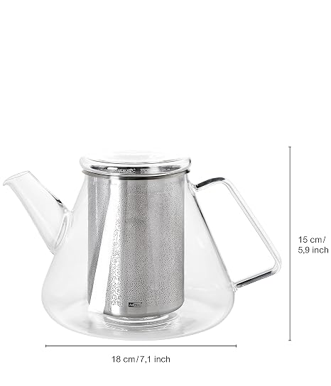 AdHoc TK50 Orient+ Teapot | Glass/Stainless Steel | Teapot with Infuser/Tea Strainer for Loose Leaf Tea | 1.5 litres | (H) 150mm x (D) 180mm | Clear | Dishwasher Safe