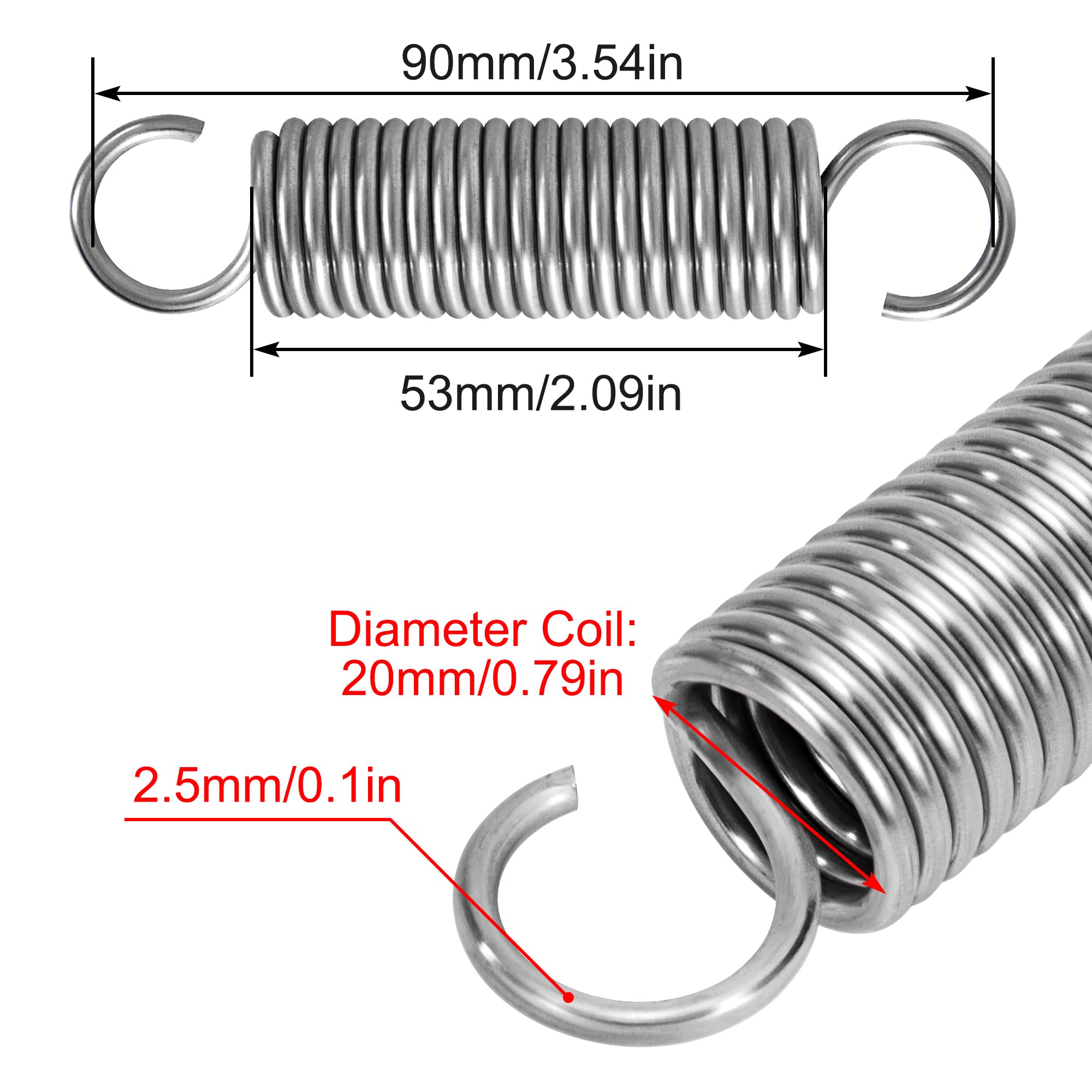 Sprężyny rozciągające z hakami ze stali nierdzewnej sprężyna rozciągająca 90mm średnica zewnętrzna 20mm średnica drutu 2,5mm maksymalna siła rozciągająca 12,5kg 2,5x20x90mm 2 sztuki