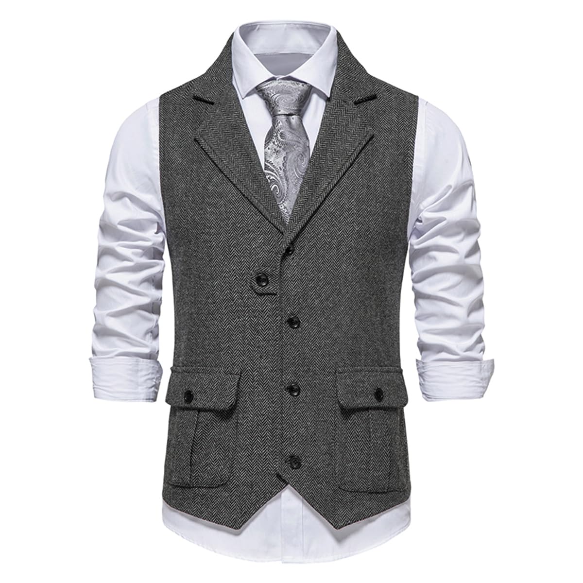 Allthemen Męska formalna kamizelka bez rękawów, tweed, biznesowa, dekolt w serek, klasyczny garnitur, kamizelka z kieszeniami