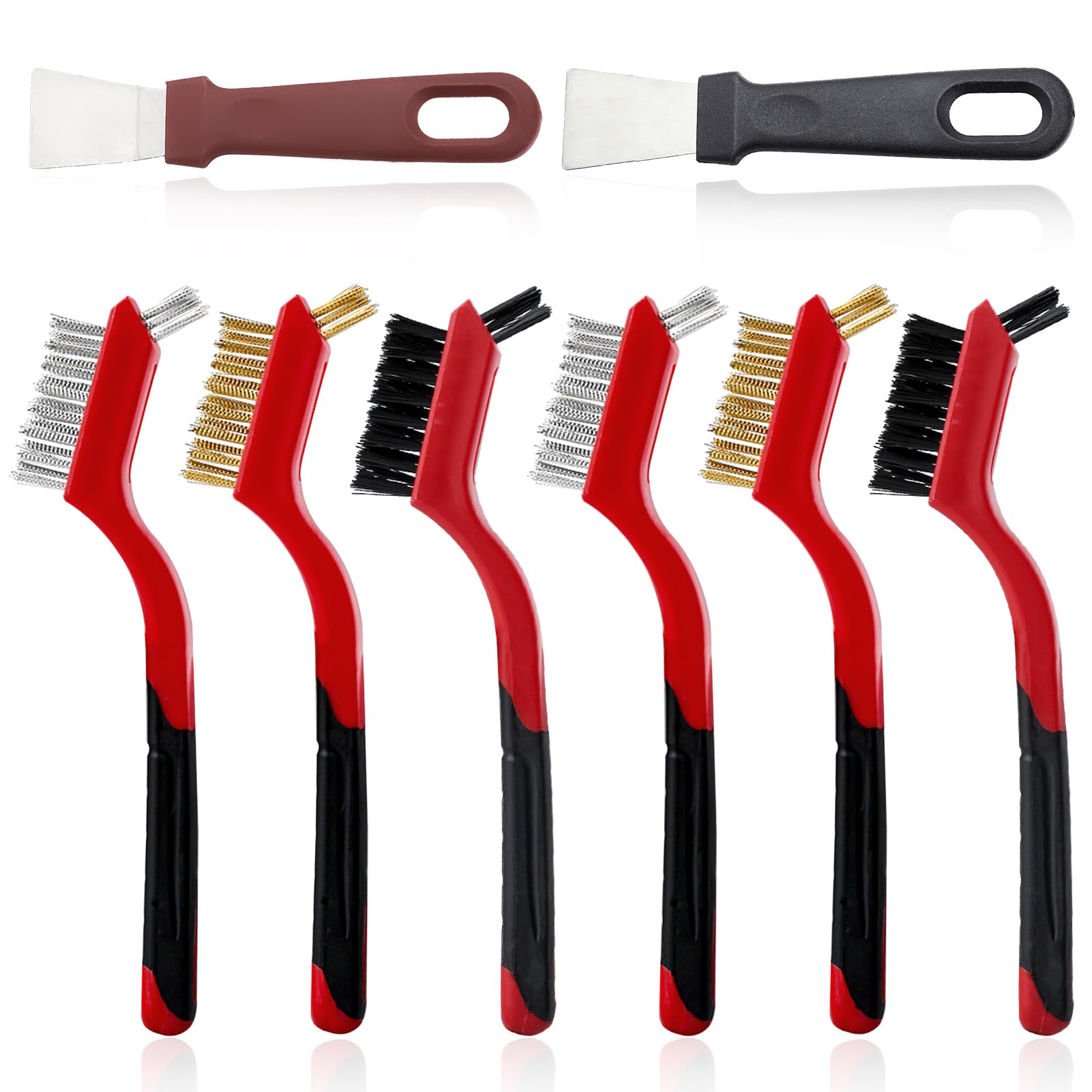 LEONTOOL 8 Pcs Wire Brush Set with Metal Scraper, Brass/Stainless Steel/Nylon Bristles Brush with Curved Handle, Heavy Duty Metal Brush for Rust Removal Welding Slag Paint Scrubbing Dust Deep Cleaning