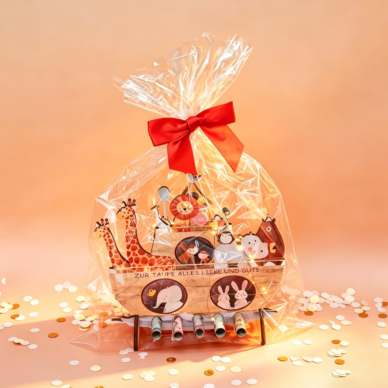 Barco de Madera con Luces, Regalo de Bautismo del Arca de Noé de Madera, con Base, Cinta Roja, para Niñas y Niños comunión o Como pieza Decorativa